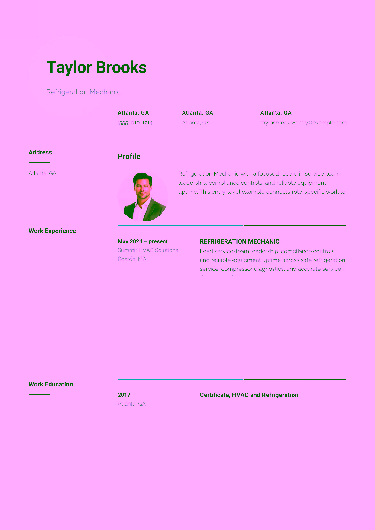 Entry-level Refrigeration Mechanic resume example in the Pavo template focused on safe refrigeration service, compressor diagnostics, and accurate service documentation.