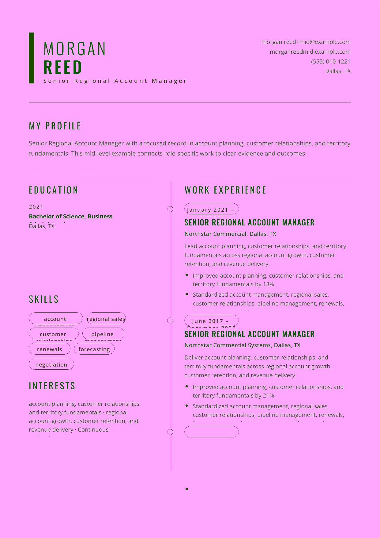 Mid-level Senior Regional Account Manager resume example in the Caelum template focused on pipeline forecasting, renewals, and expansion delivery.