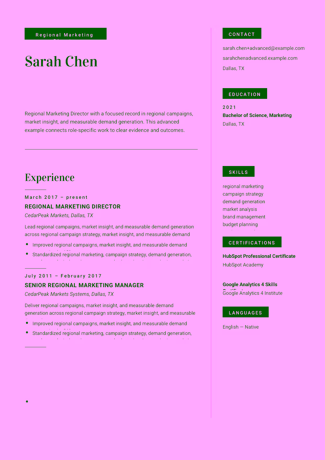 Advanced Regional Marketing Director resume example in the Aquila template focused on brand governance, cross-region strategy, and marketing-team leadership.