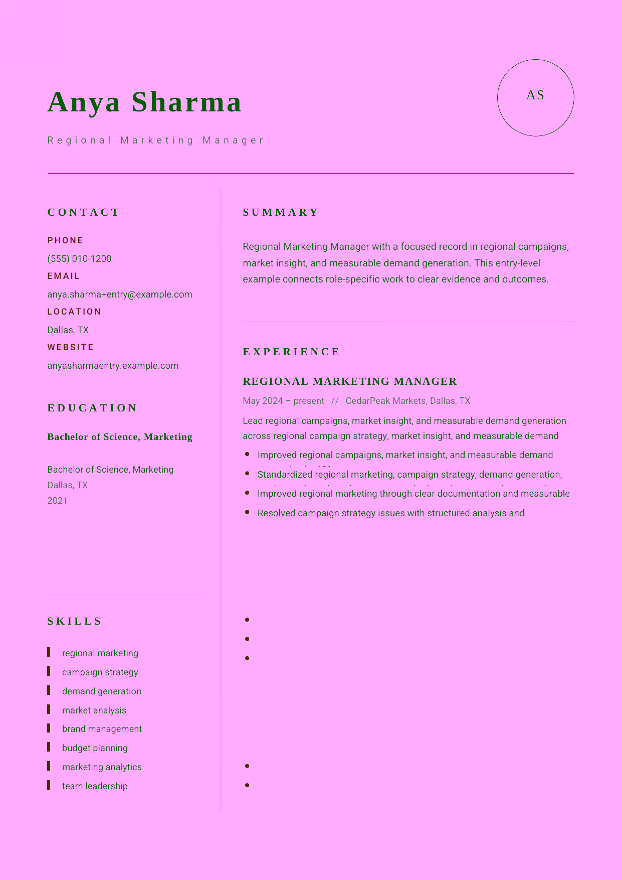 Entry-level Regional Marketing Manager resume example in the Grus template focused on regional campaigns, market insight, and measurable demand generation.