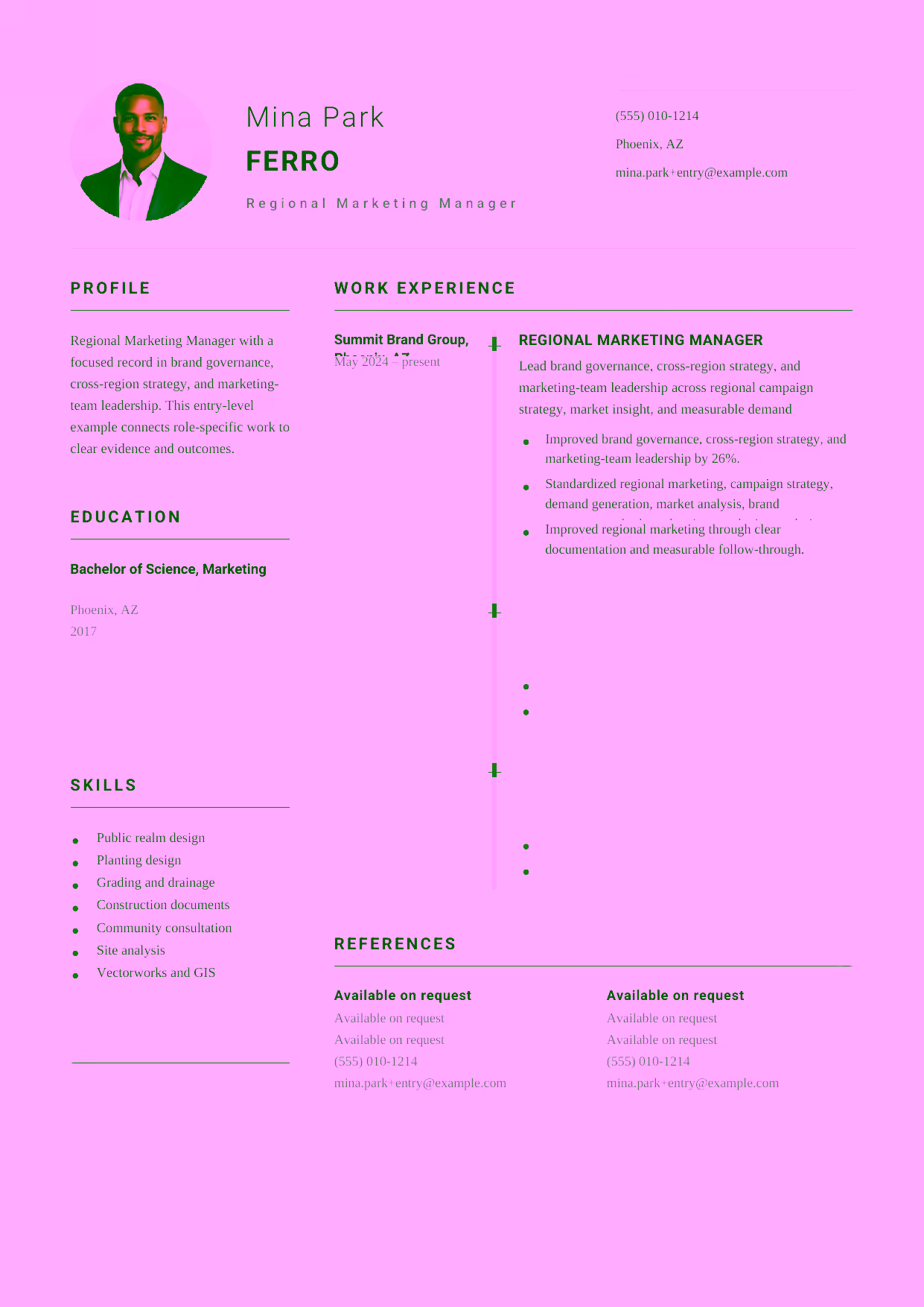Entry-level Regional Marketing Manager resume example in the Puppis template focused on regional campaigns, market insight, and measurable demand generation.