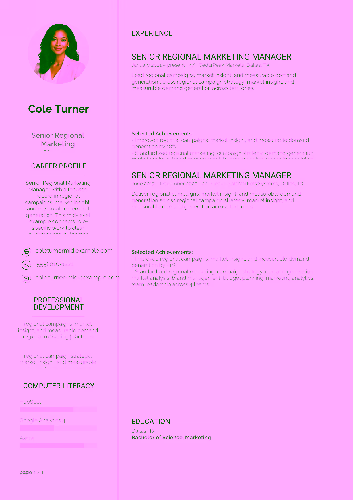 Mid-level Senior Regional Marketing Manager resume example in the Synnove template focused on budget planning, channel performance, and marketing analytics.