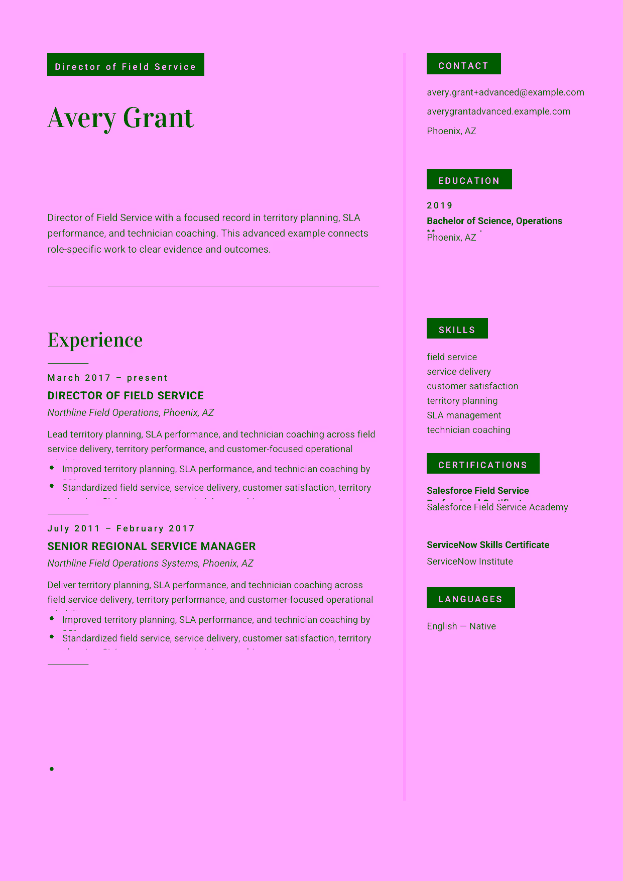 Advanced Director of Field Service resume example in the Aquila template focused on regional service strategy, parts readiness, and operational leadership.
