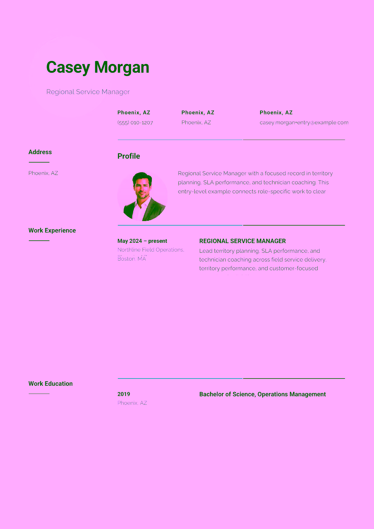 Entry-level Regional Service Manager resume example in the Pavo template focused on field scheduling, customer communication, and dependable service delivery.