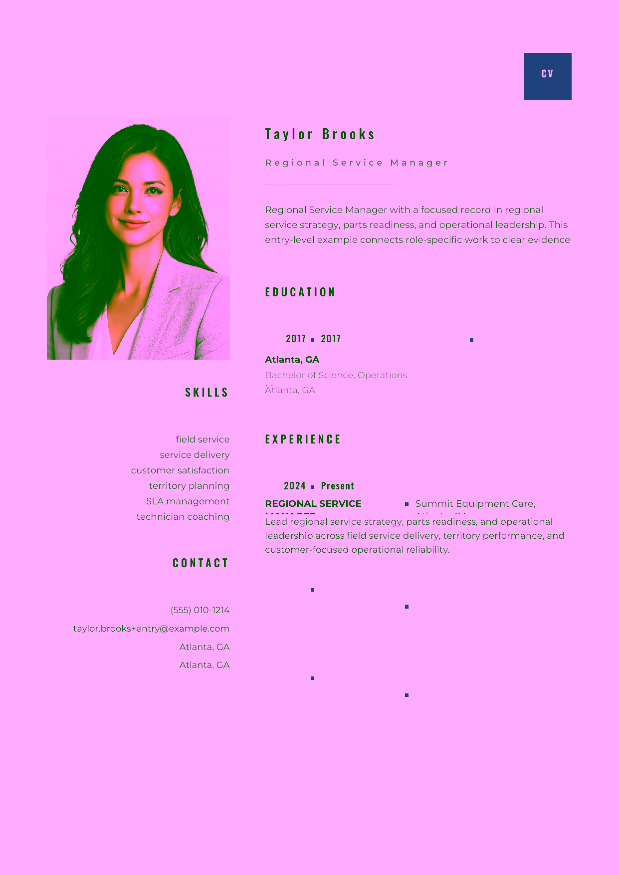 Entry-level Regional Service Manager resume example in the Pyxis template focused on field scheduling, customer communication, and dependable service delivery.