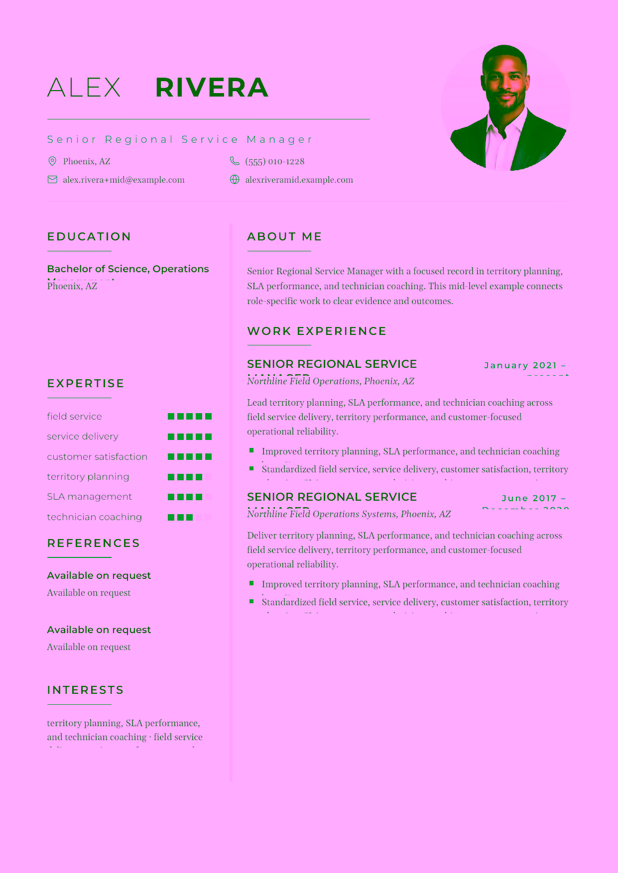 Mid-level Senior Regional Service Manager resume example in the Achernar template focused on territory planning, SLA performance, and technician coaching.