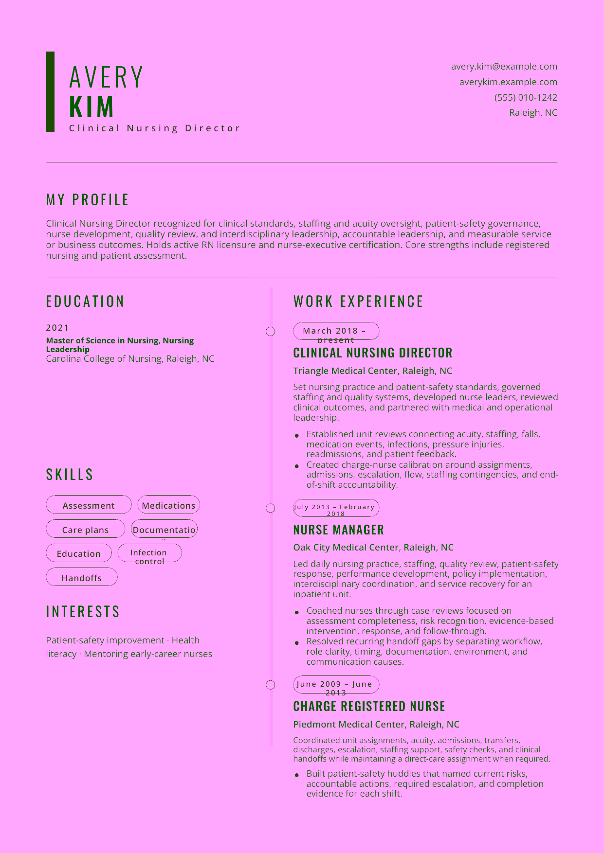 Advanced Clinical Nursing Director resume example in the Caelum template focused on clinical standards, staffing and acuity oversight, patient-safety governance, nurse development, quality review, and interdisciplinary leadership.