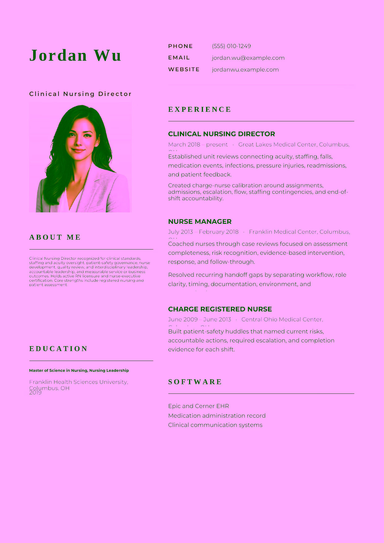Advanced Clinical Nursing Director resume example in the Hydra template focused on clinical standards, staffing and acuity oversight, patient-safety governance, nurse development, quality review, and interdisciplinary leadership.