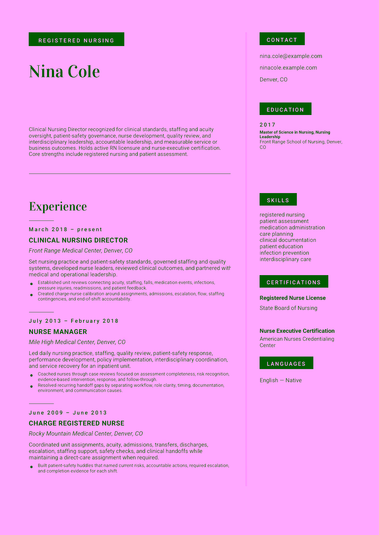 Advanced Clinical Nursing Director resume example in the Aquila template focused on clinical standards, staffing and acuity oversight, patient-safety governance, nurse development, quality review, and interdisciplinary leadership.