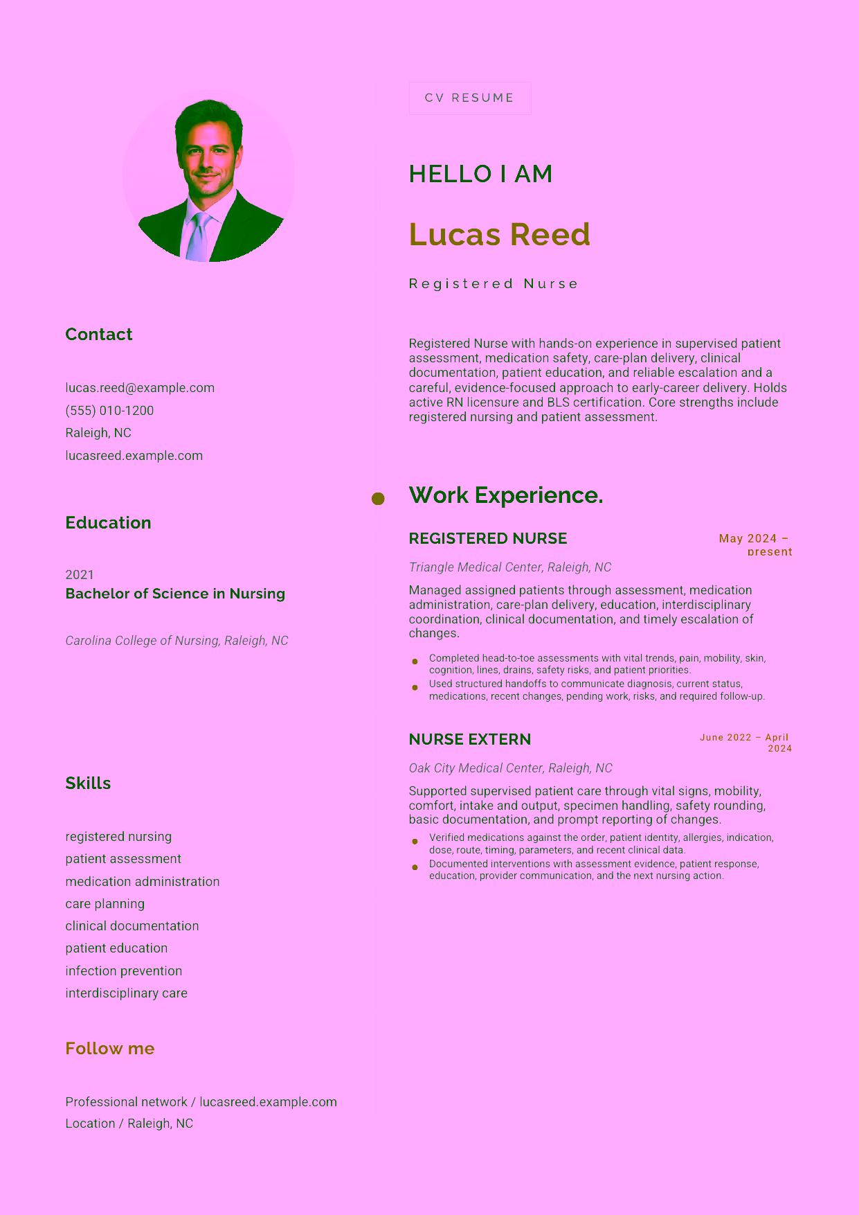 Entry-level Registered Nurse resume example in the Eridanus template focused on supervised patient assessment, medication safety, care-plan delivery, clinical documentation, patient education, and reliable escalation.