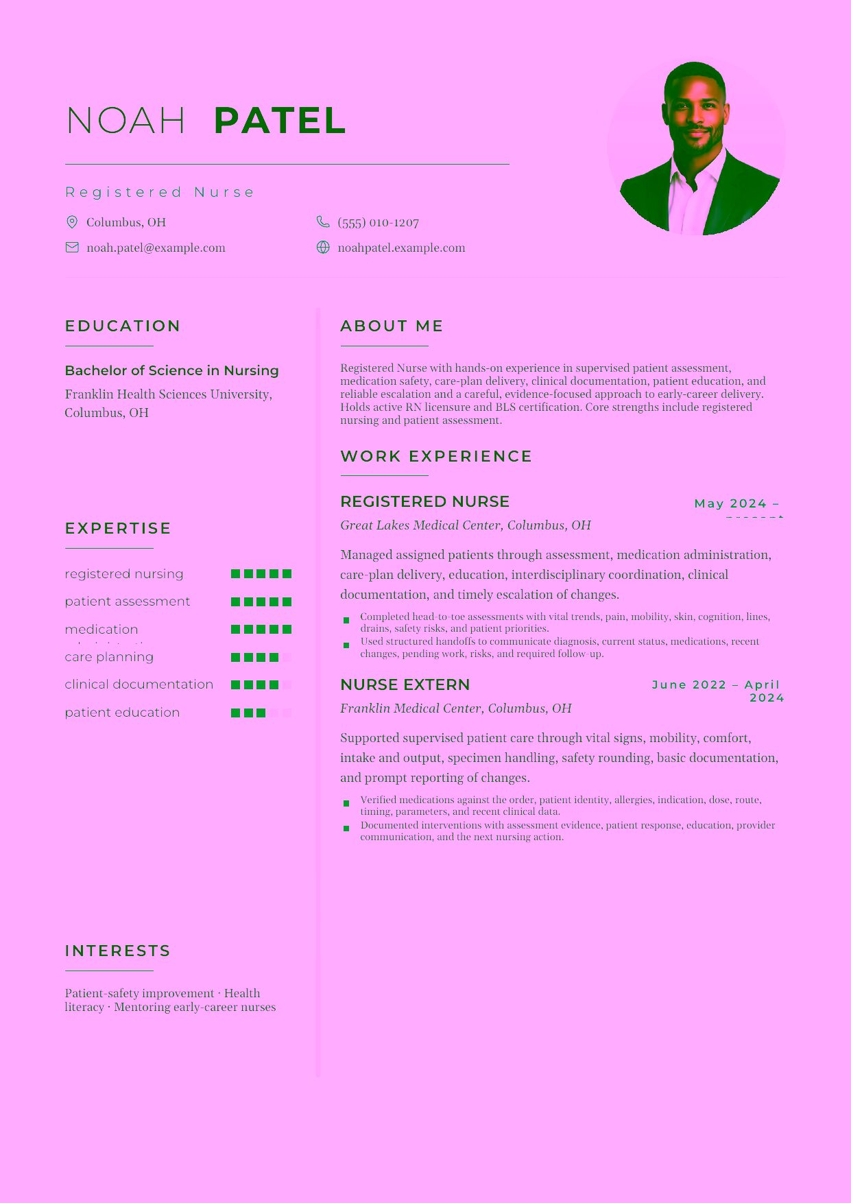 Entry-level Registered Nurse resume example in the Achernar template focused on supervised patient assessment, medication safety, care-plan delivery, clinical documentation, patient education, and reliable escalation.