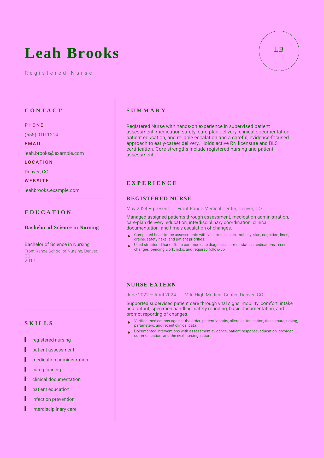 Entry-level Registered Nurse resume example in the Grus template focused on supervised patient assessment, medication safety, care-plan delivery, clinical documentation, patient education, and reliable escalation.