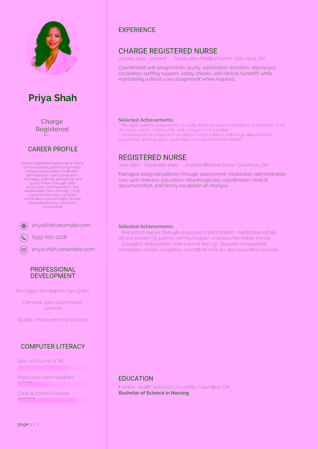 Mid-level Charge Registered Nurse resume example in the Synnove template focused on independent patient assignments, complex assessment, medication administration, care coordination, discharge planning, precepting, and quality follow-through.