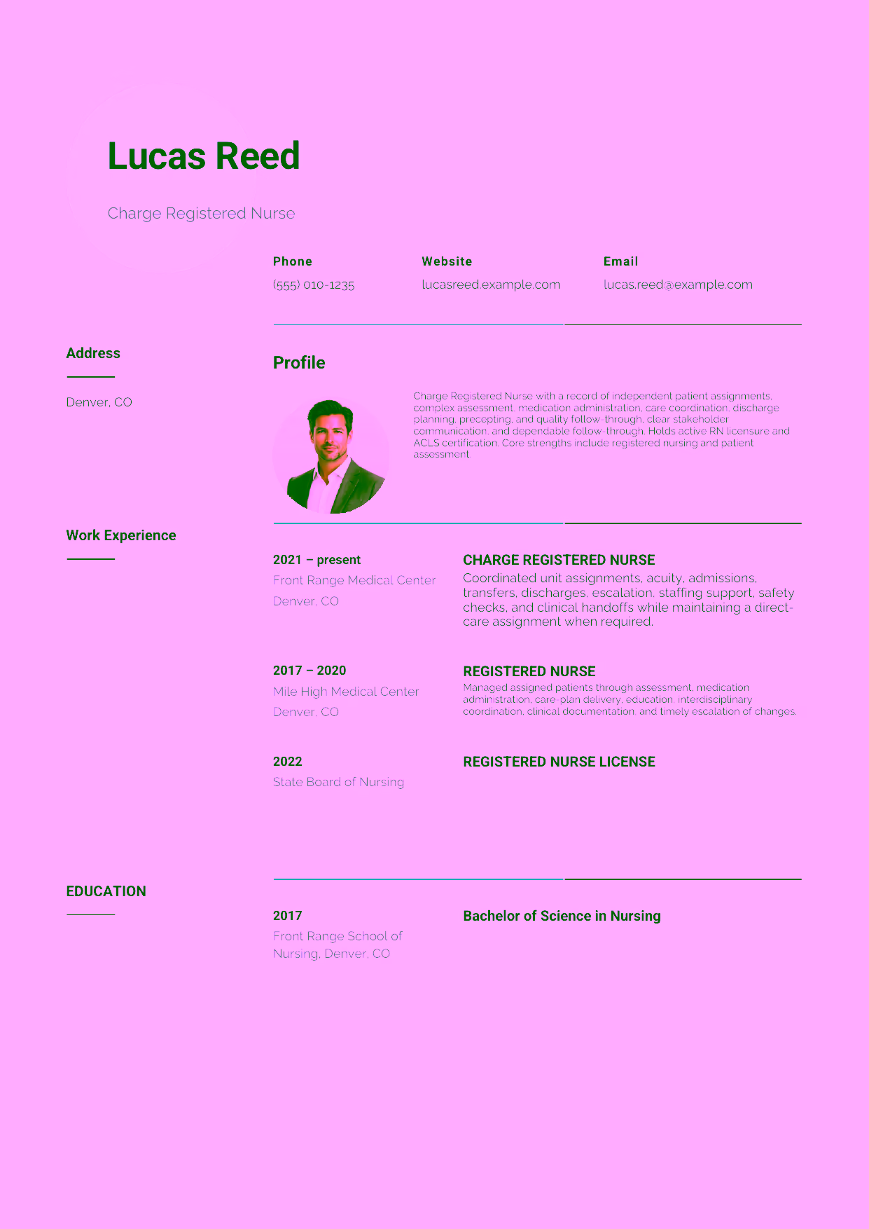 Mid-level Charge Registered Nurse resume example in the Pavo template focused on independent patient assignments, complex assessment, medication administration, care coordination, discharge planning, precepting, and quality follow-through.