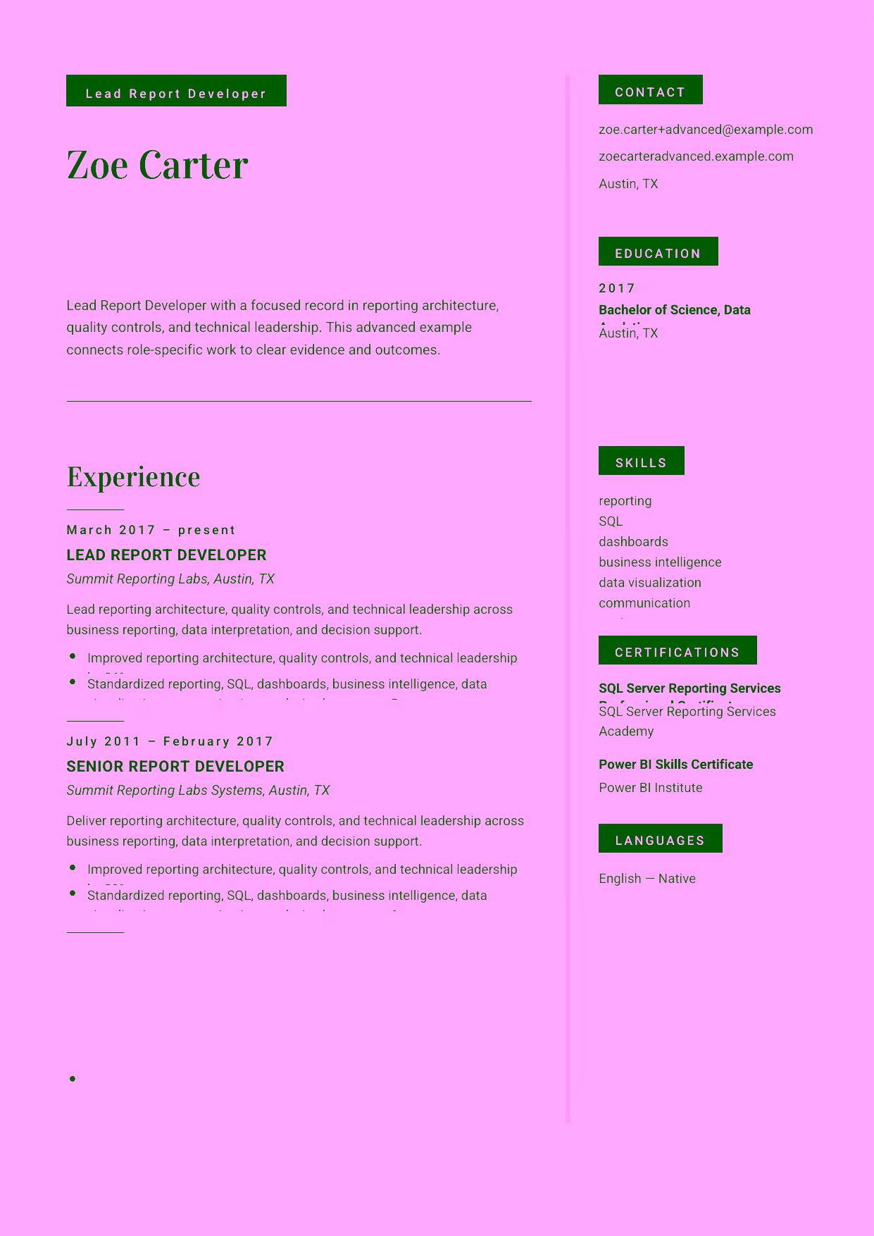 Advanced Lead Report Developer resume example in the Aquila template focused on reporting architecture, quality controls, and technical leadership.