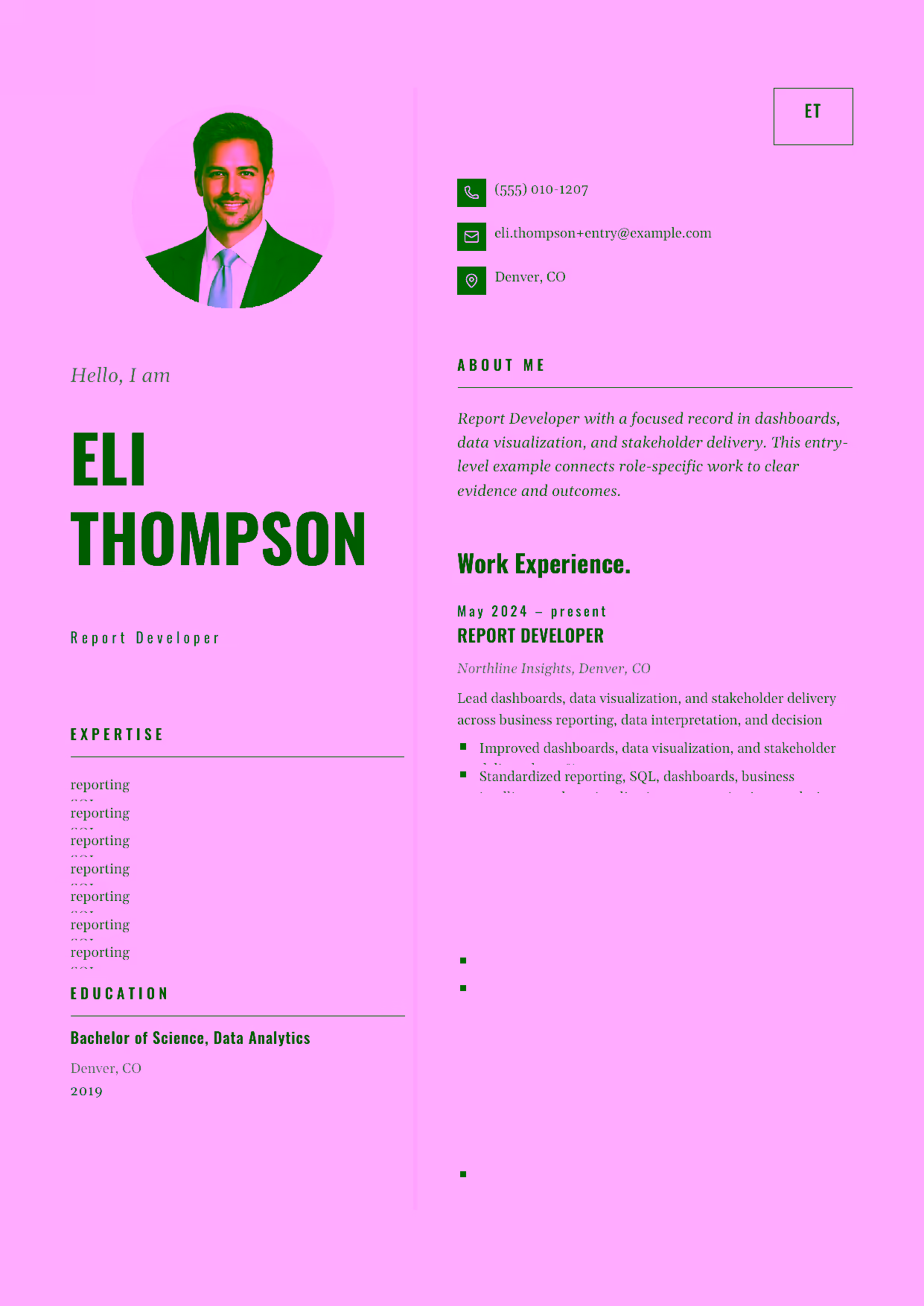 Entry-level Report Developer resume example in the Equuleus template focused on report requirements, SQL, and accurate business outputs.
