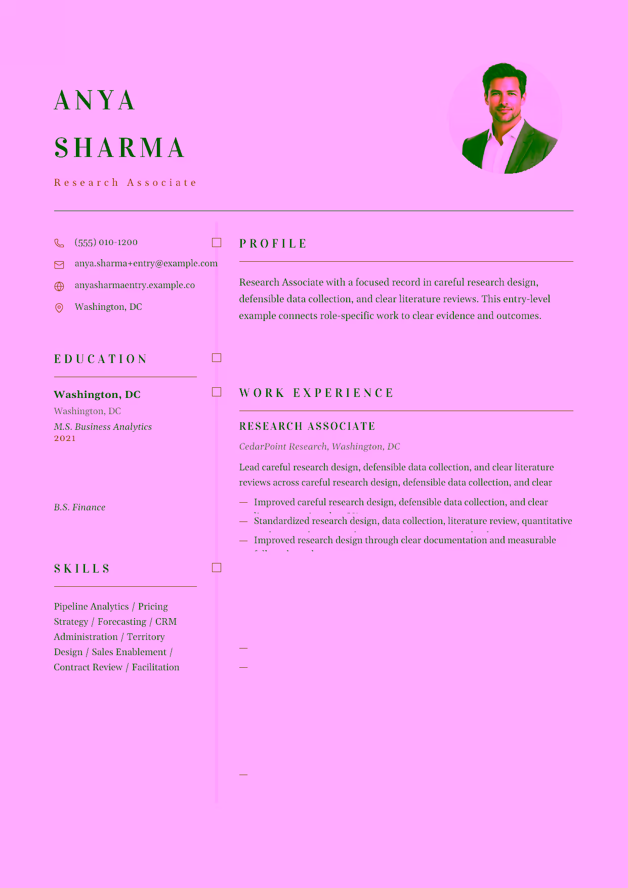 Entry-level Research Associate resume example in the Draco template focused on careful research design, defensible data collection, and clear literature reviews.