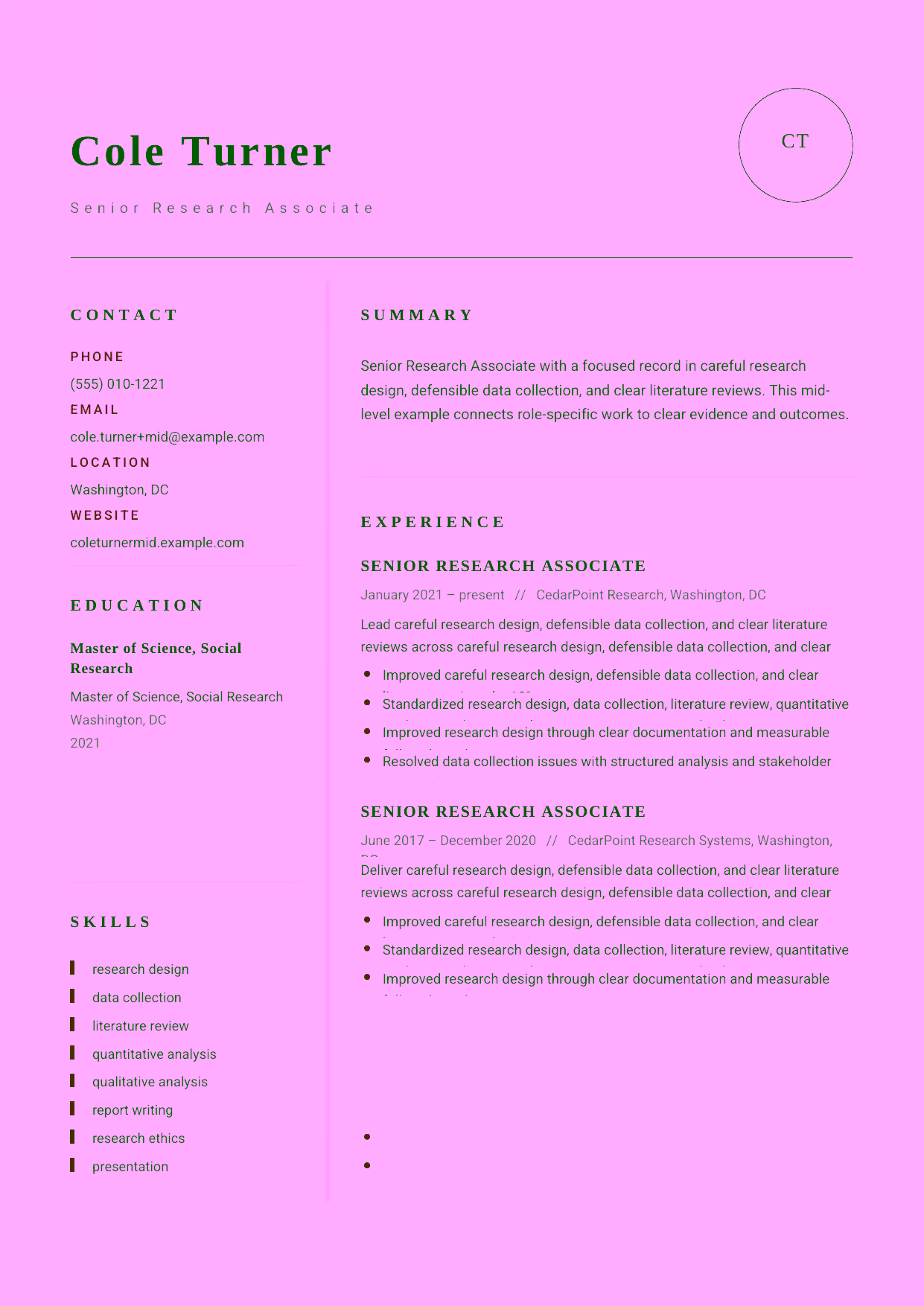 Mid-level Senior Research Associate resume example in the Grus template focused on quantitative and qualitative analysis translated into decision-ready reports.