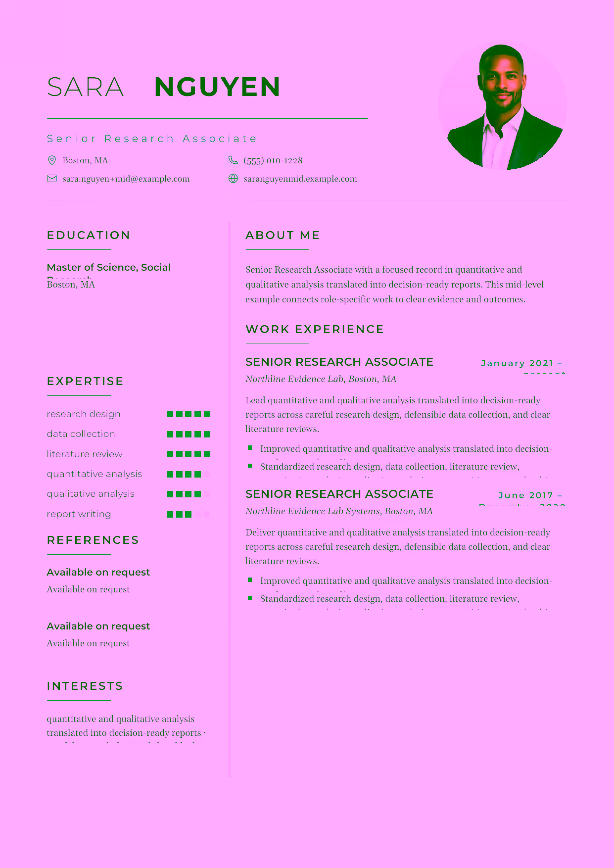 Mid-level Senior Research Associate resume example in the Achernar template focused on quantitative and qualitative analysis translated into decision-ready reports.