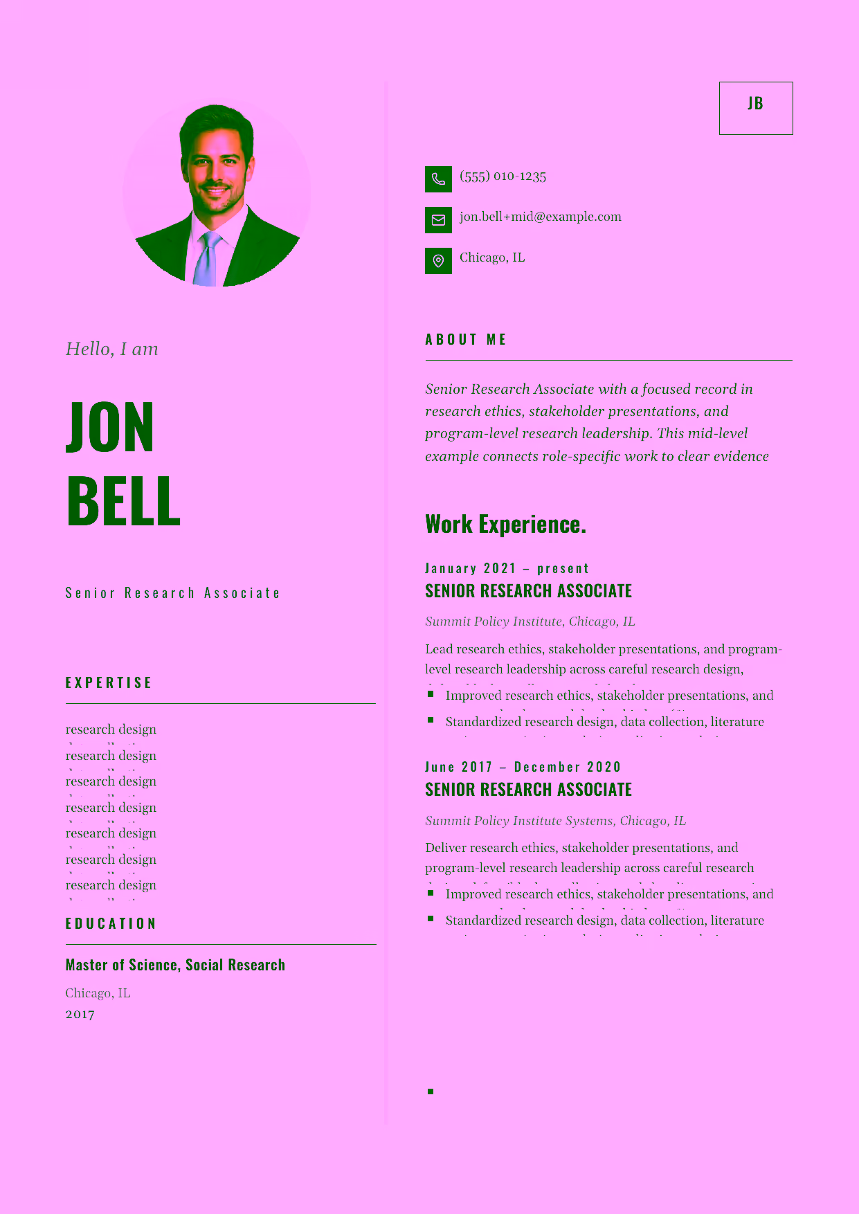 Mid-level Senior Research Associate resume example in the Equuleus template focused on quantitative and qualitative analysis translated into decision-ready reports.