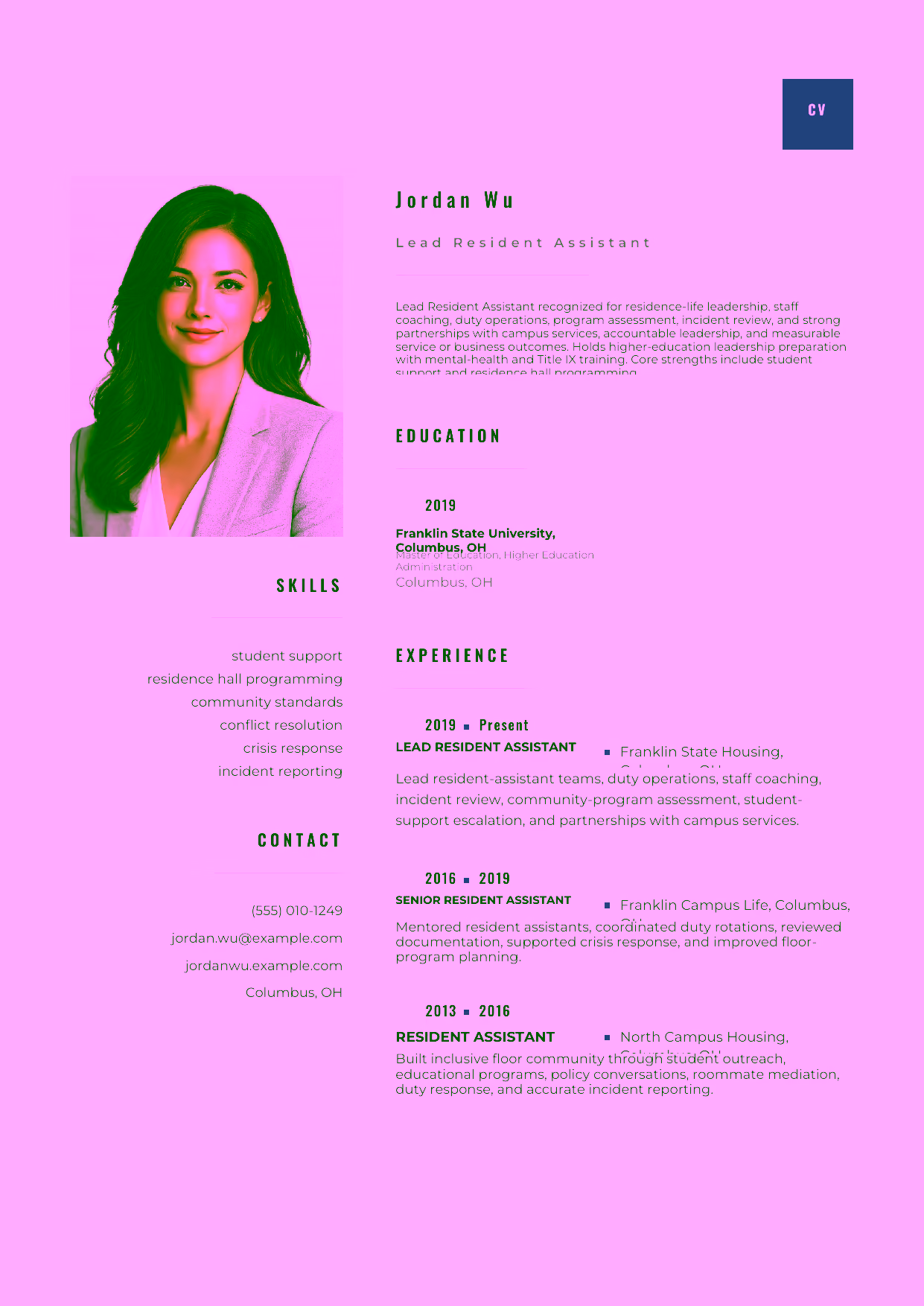 Advanced Lead Resident Assistant resume example in the Pyxis template focused on residence-life leadership, staff coaching, duty operations, program assessment, incident review, and strong partnerships with campus services.