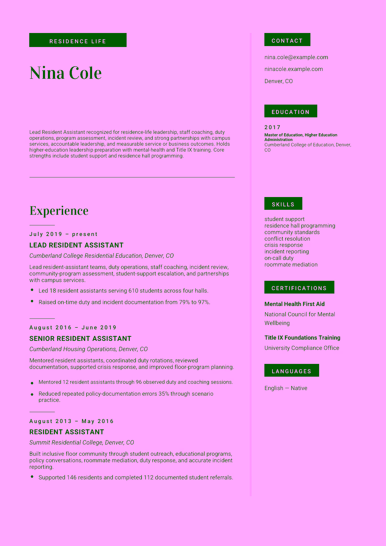 Advanced Lead Resident Assistant resume example in the Aquila template focused on residence-life leadership, staff coaching, duty operations, program assessment, incident review, and strong partnerships with campus services.