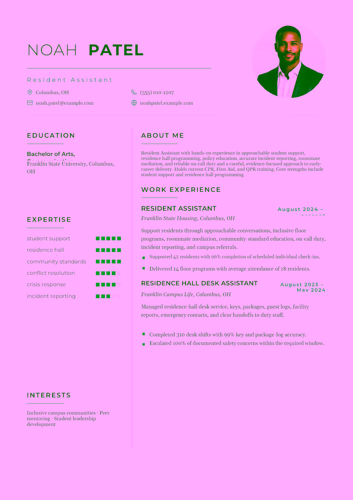 Entry-level Resident Assistant resume example in the Achernar template focused on approachable student support, residence hall programming, policy education, accurate incident reporting, roommate mediation, and reliable on-call duty.