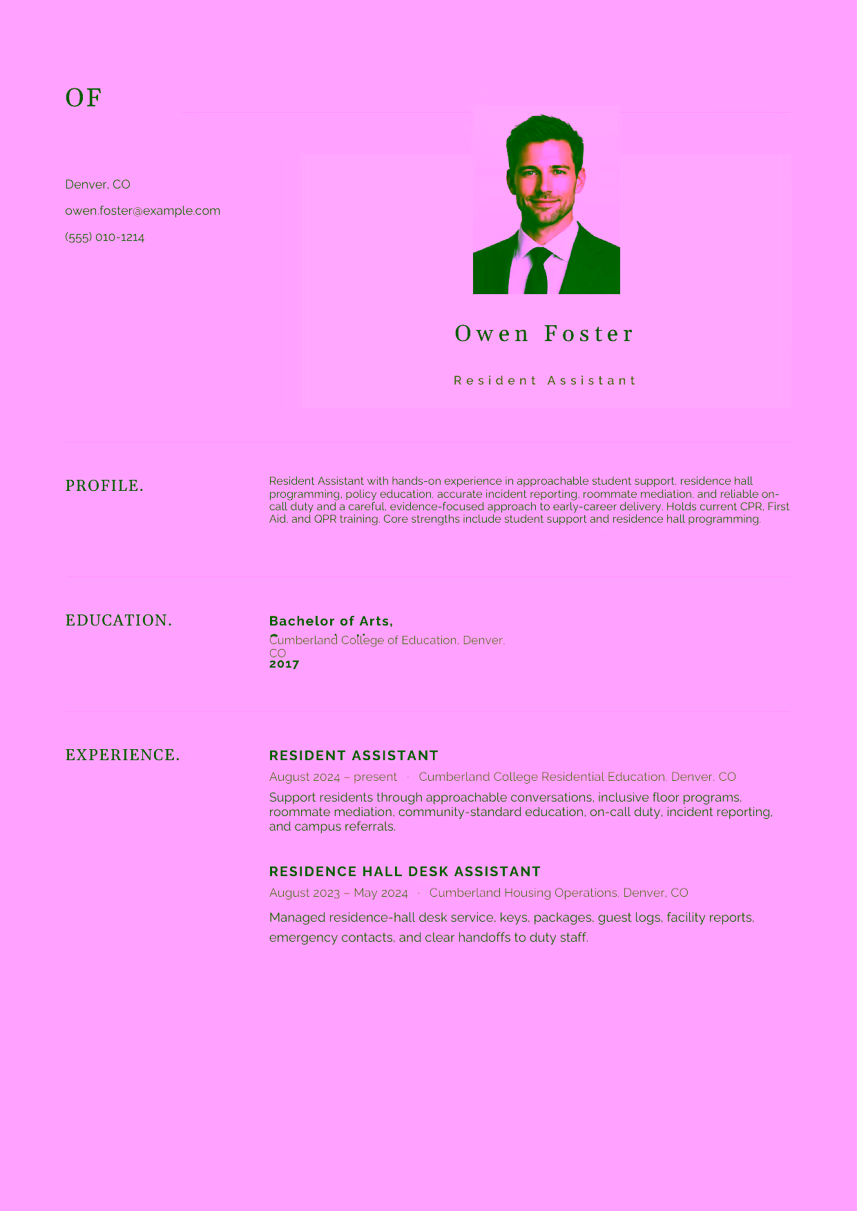 Entry-level Resident Assistant resume example in the Norma template focused on approachable student support, residence hall programming, policy education, accurate incident reporting, roommate mediation, and reliable on-call duty.