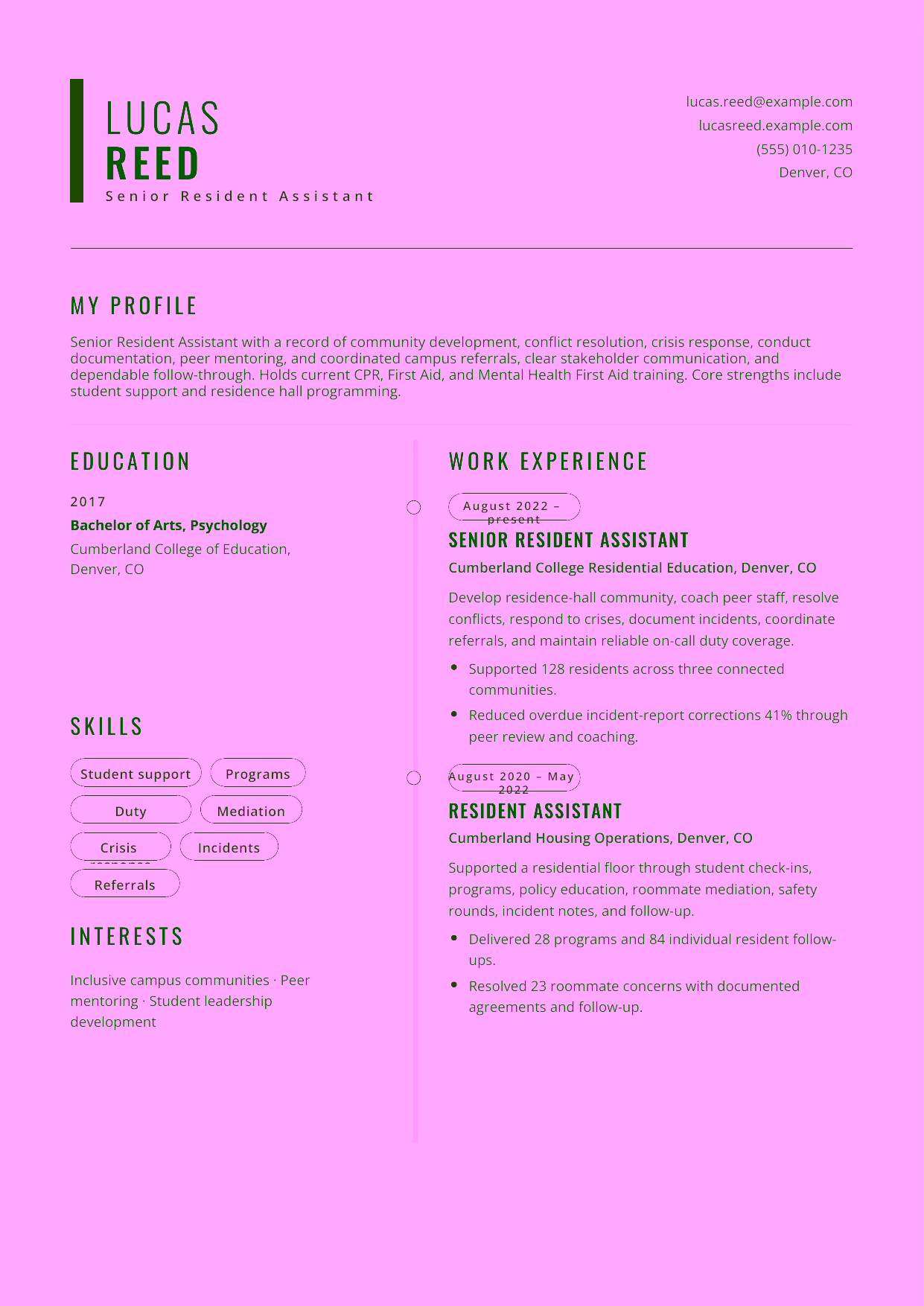 Mid-level Senior Resident Assistant resume example in the Caelum template focused on community development, conflict resolution, crisis response, conduct documentation, peer mentoring, and coordinated campus referrals.