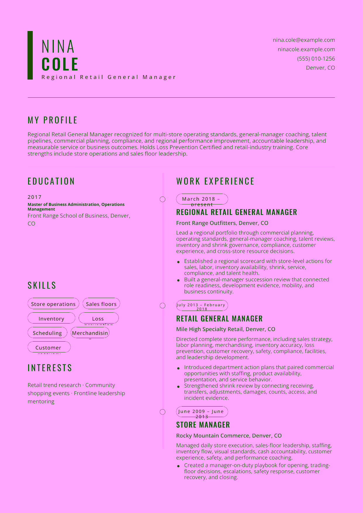 Advanced Regional Retail General Manager resume example in the Caelum template focused on multi-store operating standards, general-manager coaching, talent pipelines, commercial planning, compliance, and regional performance improvement.