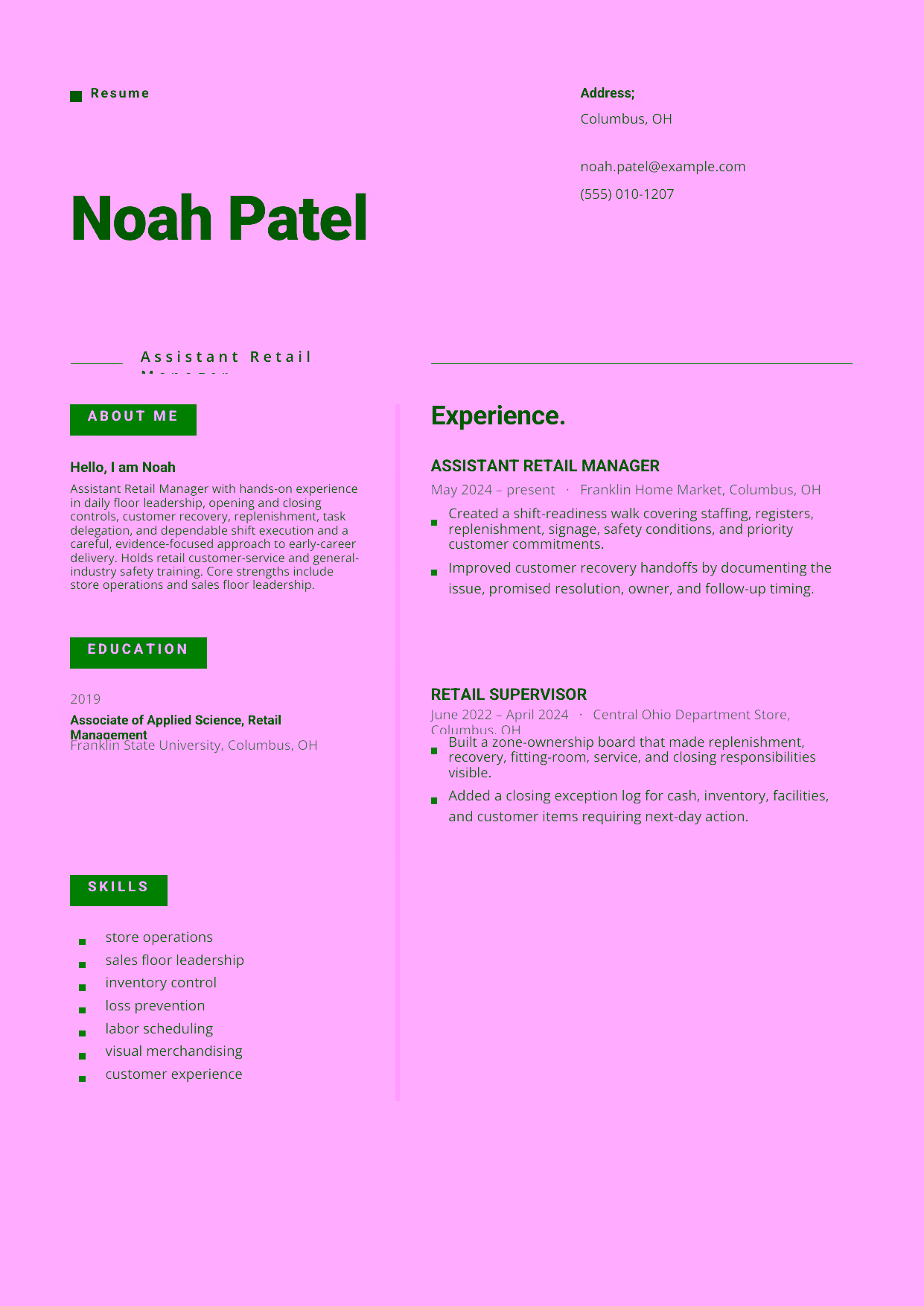 Entry-level Assistant Retail Manager resume example in the Indus template focused on daily floor leadership, opening and closing controls, customer recovery, replenishment, task delegation, and dependable shift execution.