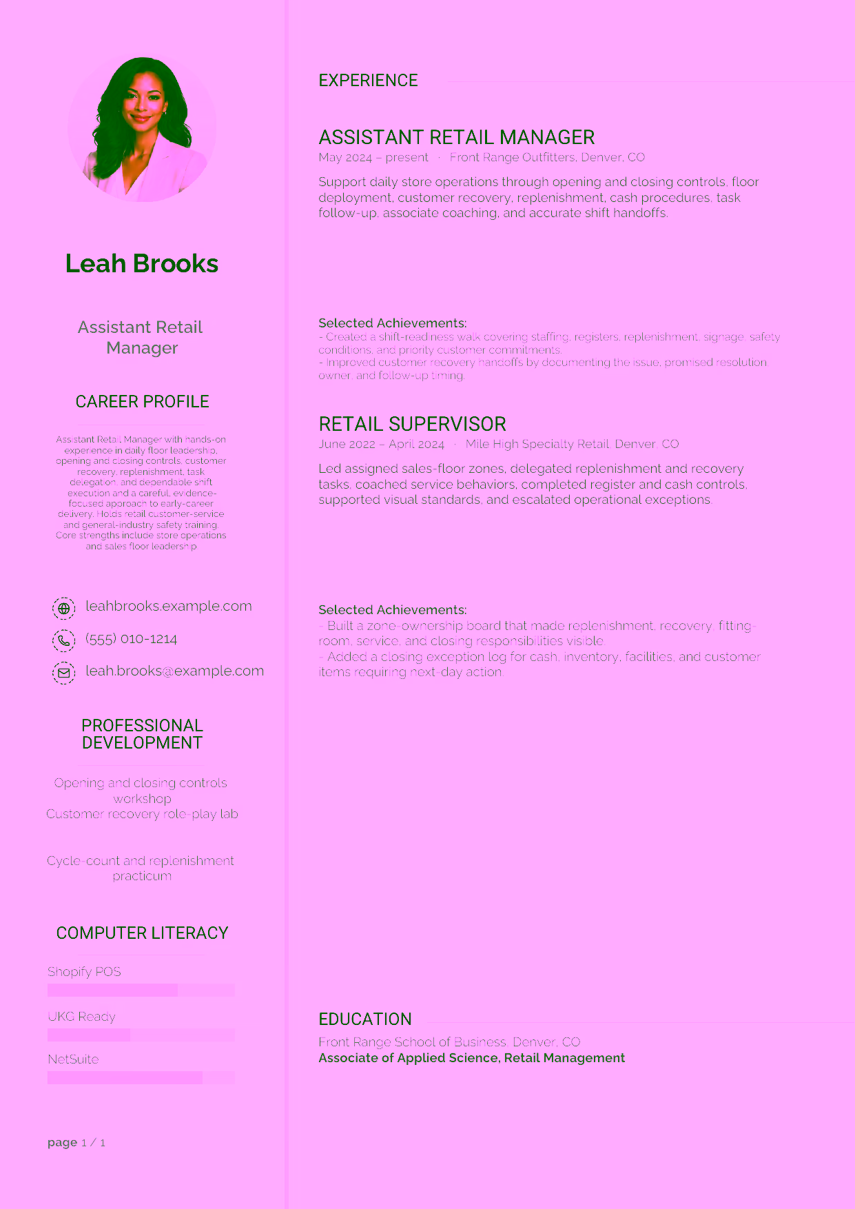 Entry-level Assistant Retail Manager resume example in the Synnove template focused on daily floor leadership, opening and closing controls, customer recovery, replenishment, task delegation, and dependable shift execution.