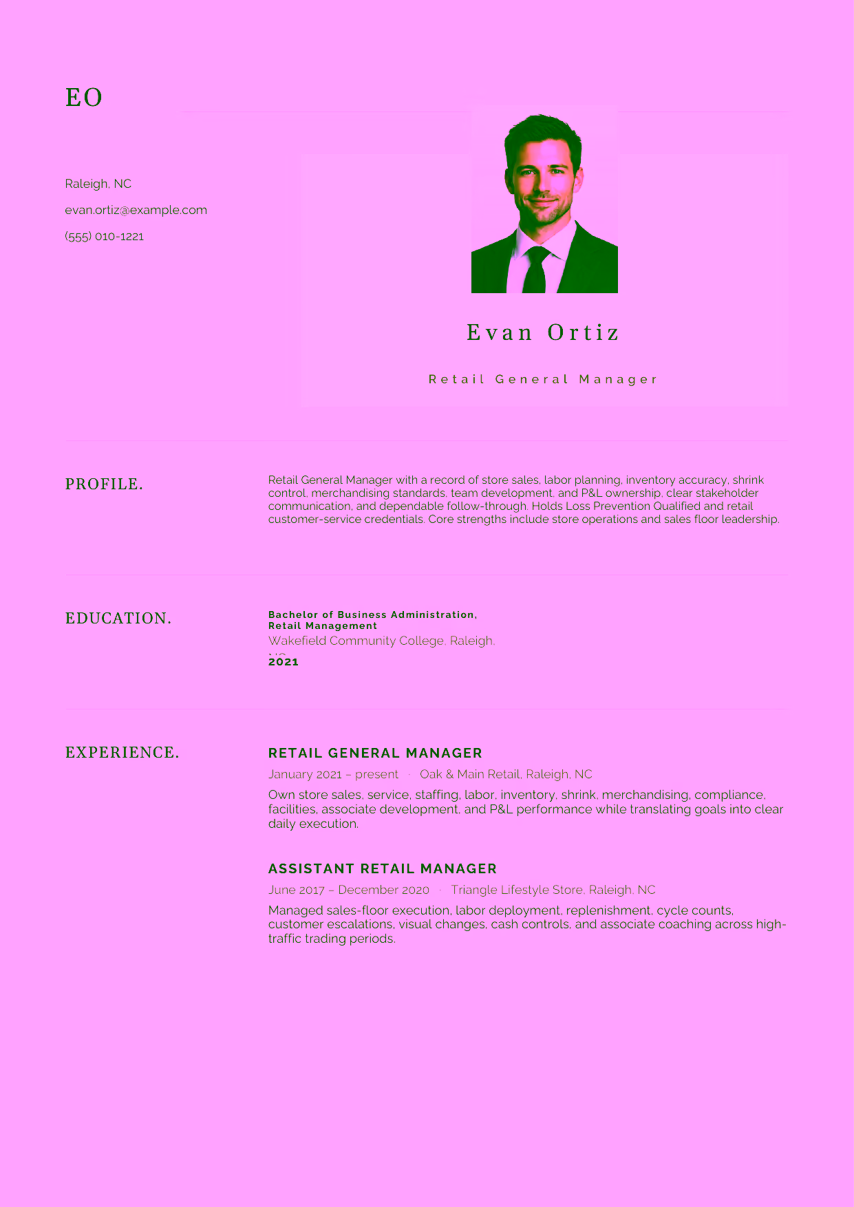 Mid-level Retail General Manager resume example in the Norma template focused on store sales, labor planning, inventory accuracy, shrink control, merchandising standards, team development, and P&L ownership.