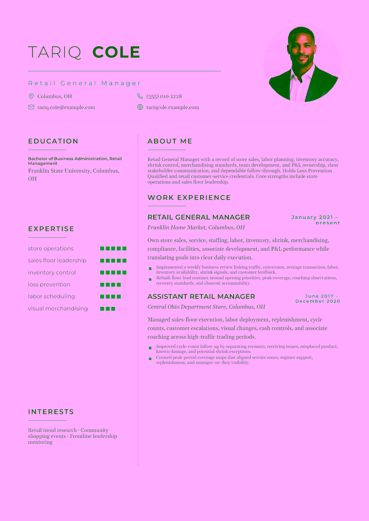 Mid-level Retail General Manager resume example in the Achernar template focused on store sales, labor planning, inventory accuracy, shrink control, merchandising standards, team development, and P&L ownership.
