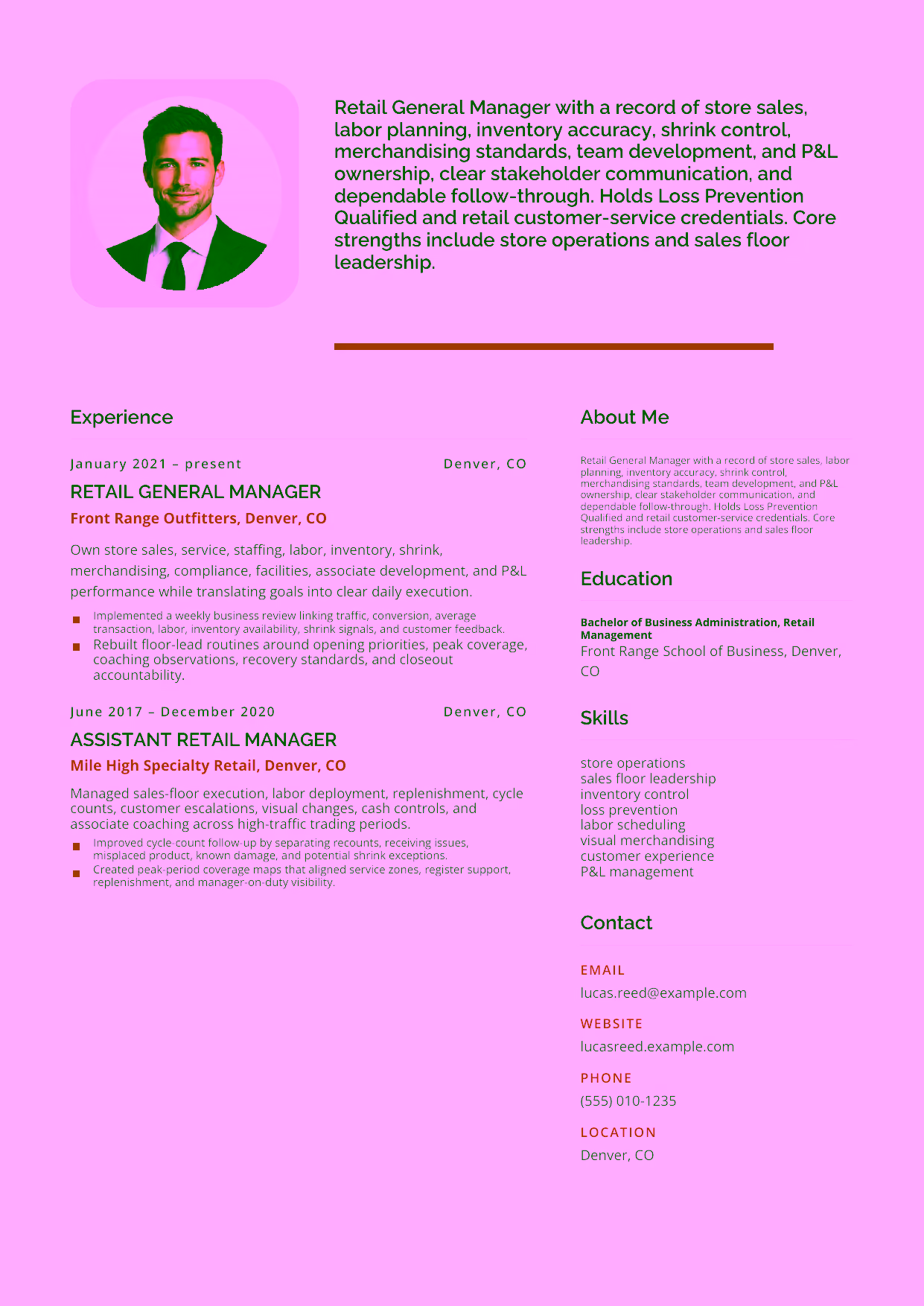 Mid-level Retail General Manager resume example in the Andromeda template focused on store sales, labor planning, inventory accuracy, shrink control, merchandising standards, team development, and P&L ownership.