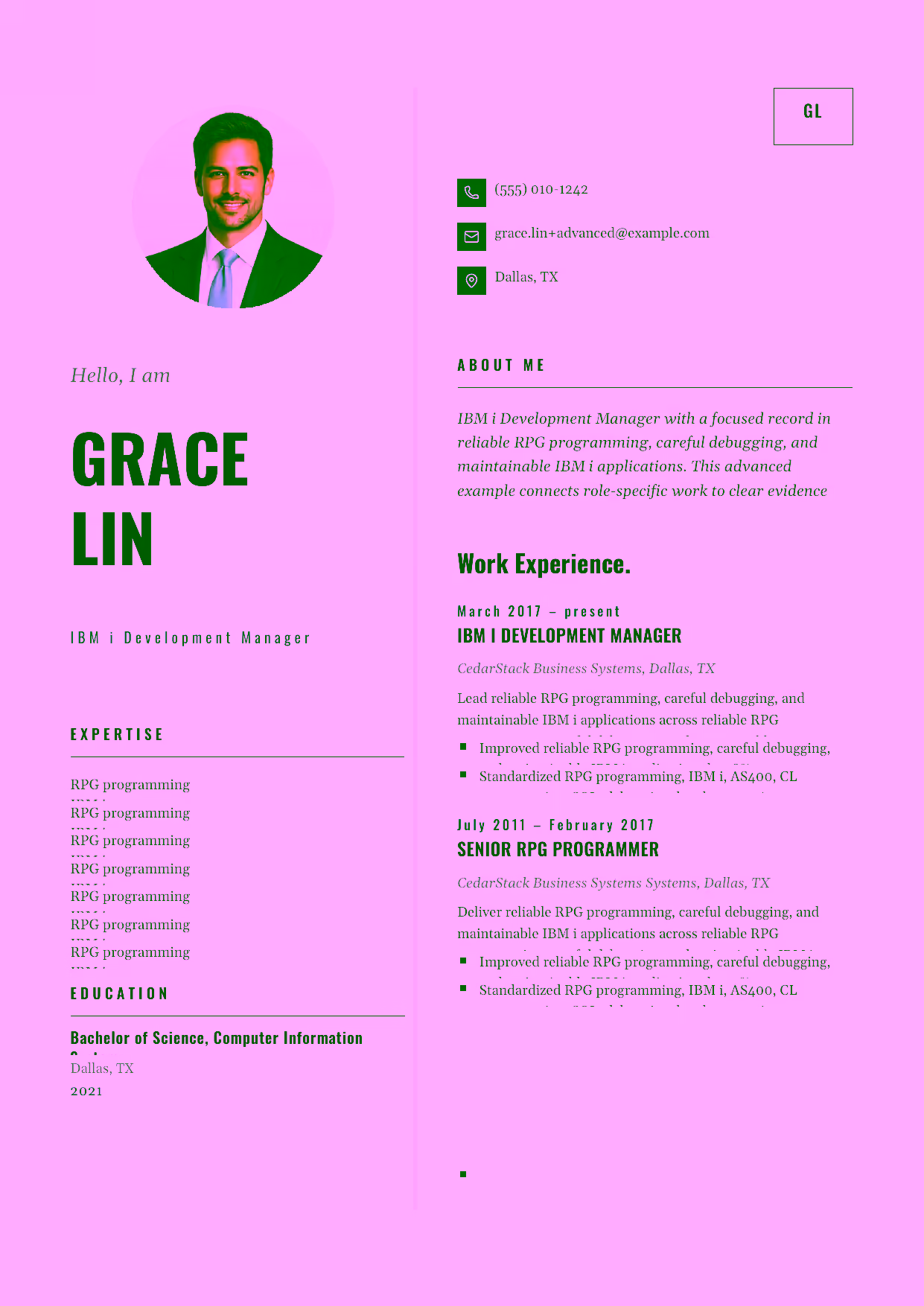 Advanced IBM i Development Manager resume example in the Equuleus template focused on IBM i modernization, application standards, and development-team leadership.