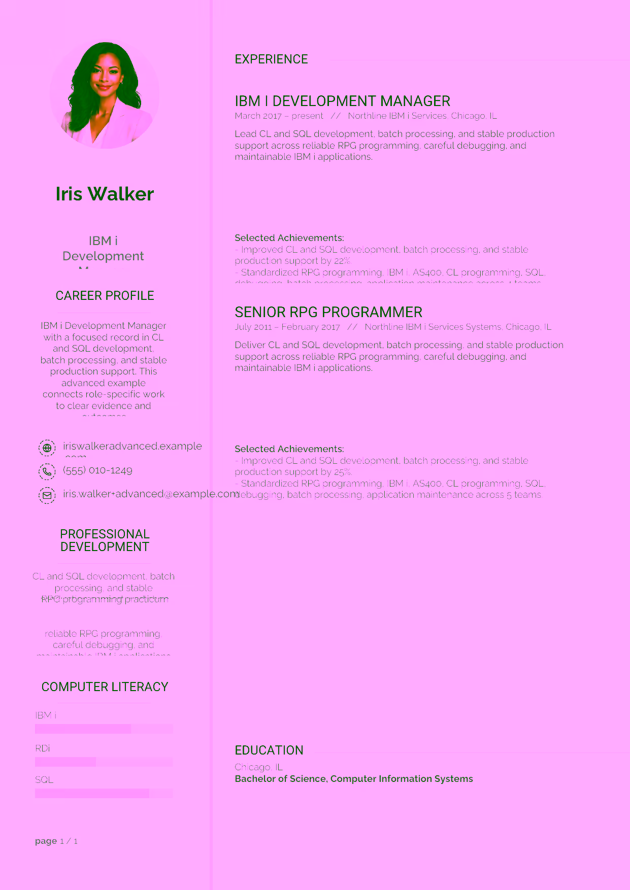 Advanced IBM i Development Manager resume example in the Synnove template focused on IBM i modernization, application standards, and development-team leadership.