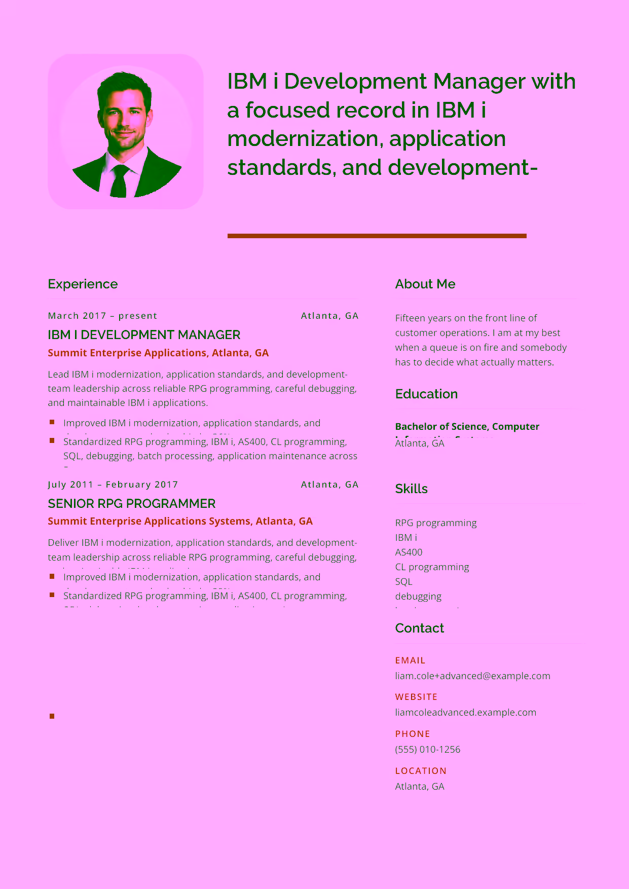 Advanced IBM i Development Manager resume example in the Andromeda template focused on IBM i modernization, application standards, and development-team leadership.