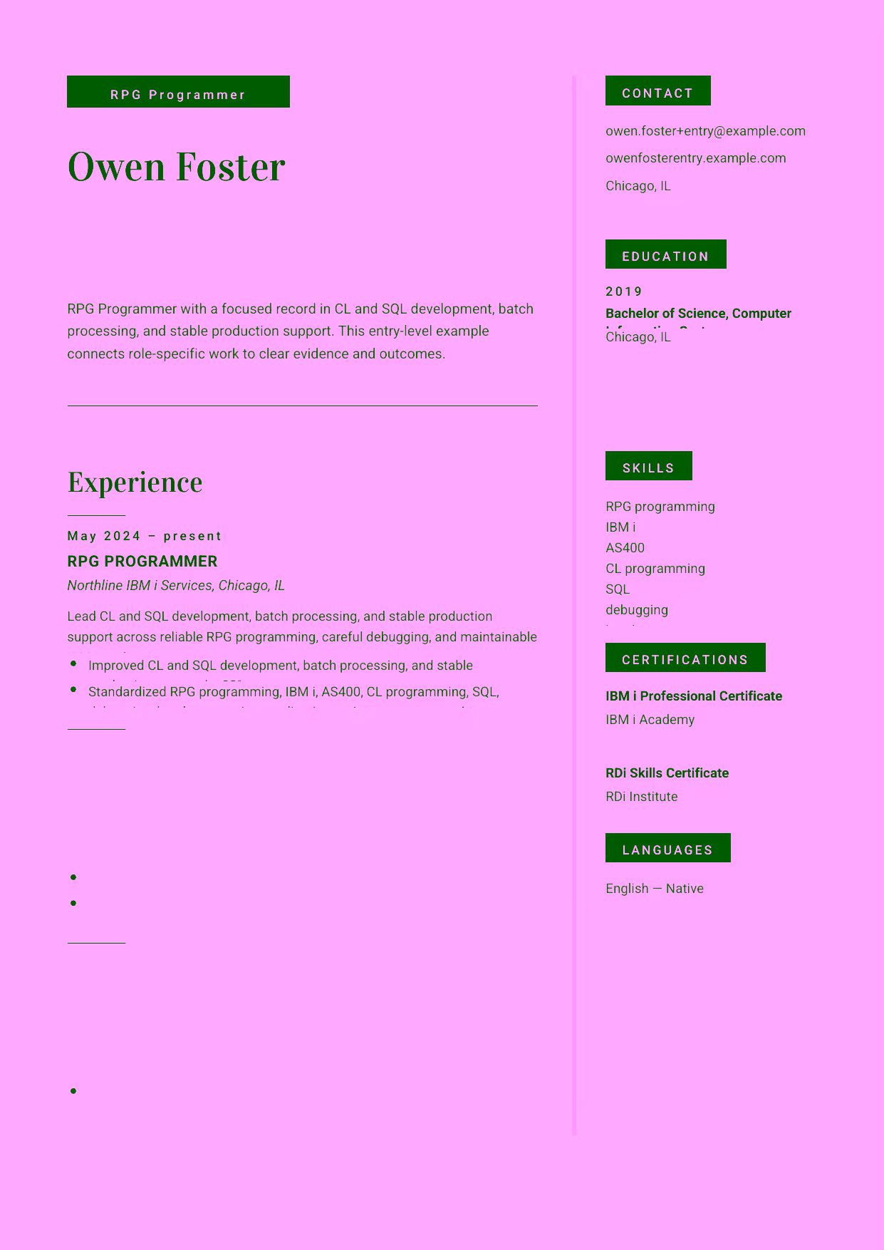 Entry-level RPG Programmer resume example in the Aquila template focused on reliable RPG programming, careful debugging, and maintainable IBM i applications.