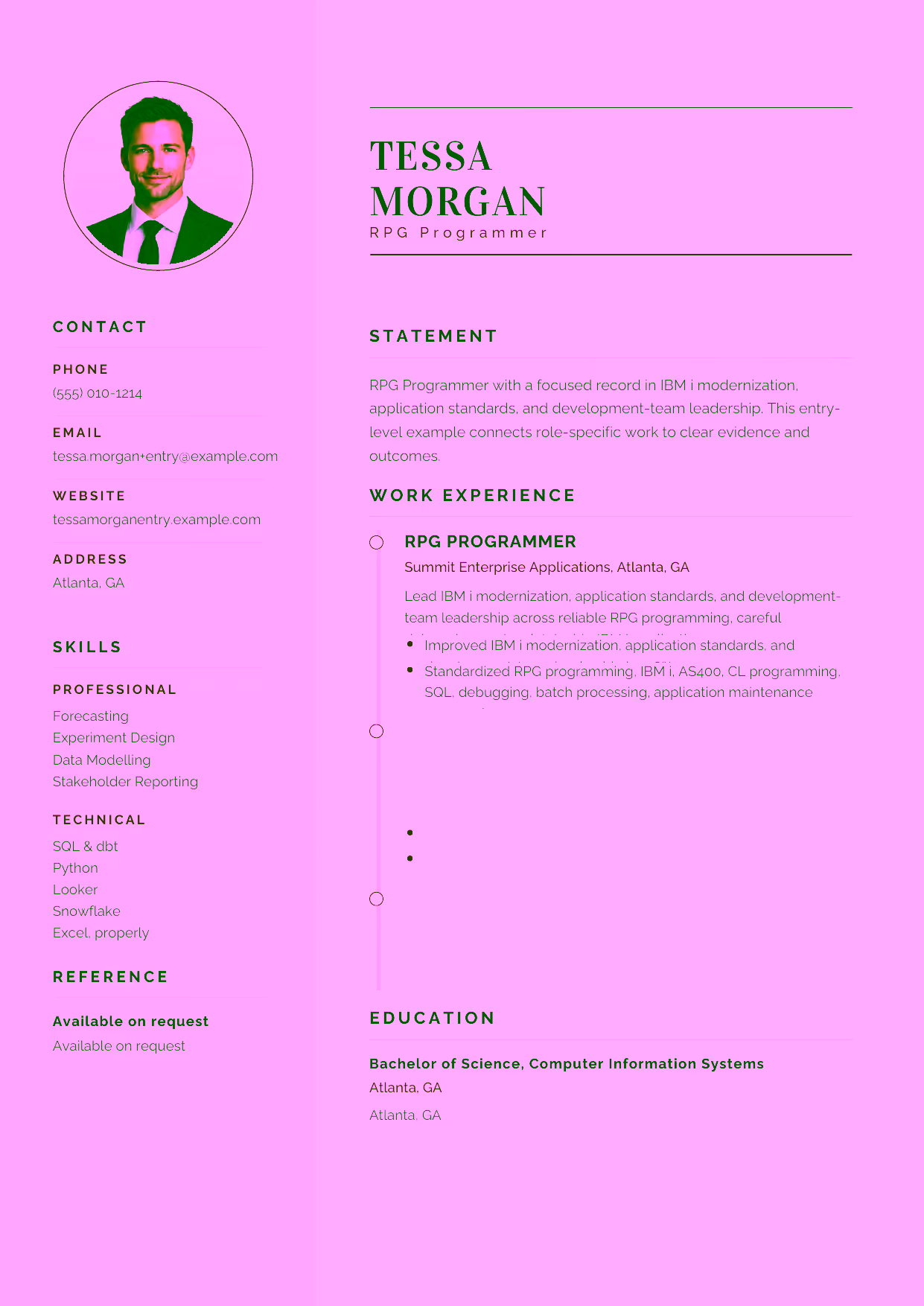 Entry-level RPG Programmer resume example in the Cetus template focused on reliable RPG programming, careful debugging, and maintainable IBM i applications.
