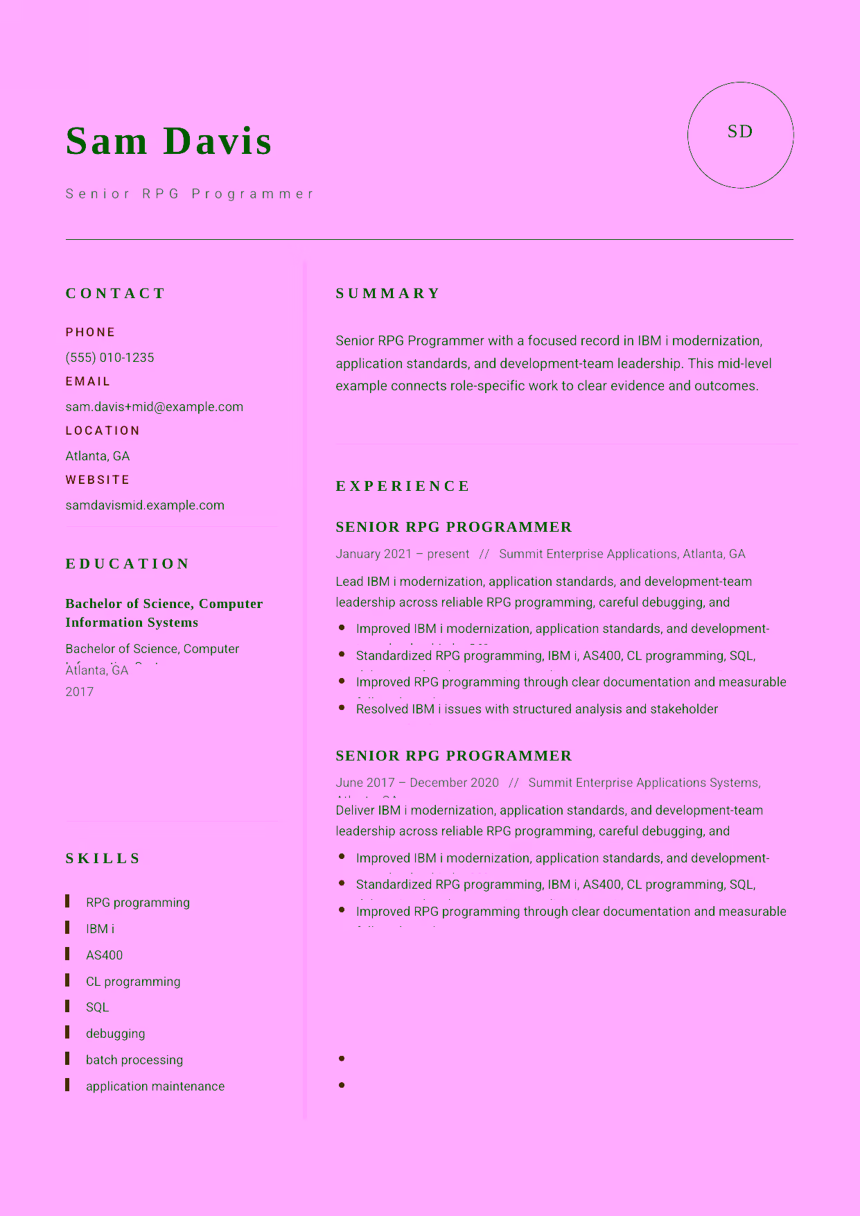 Mid-level Senior RPG Programmer resume example in the Grus template focused on CL and SQL development, batch processing, and stable production support.