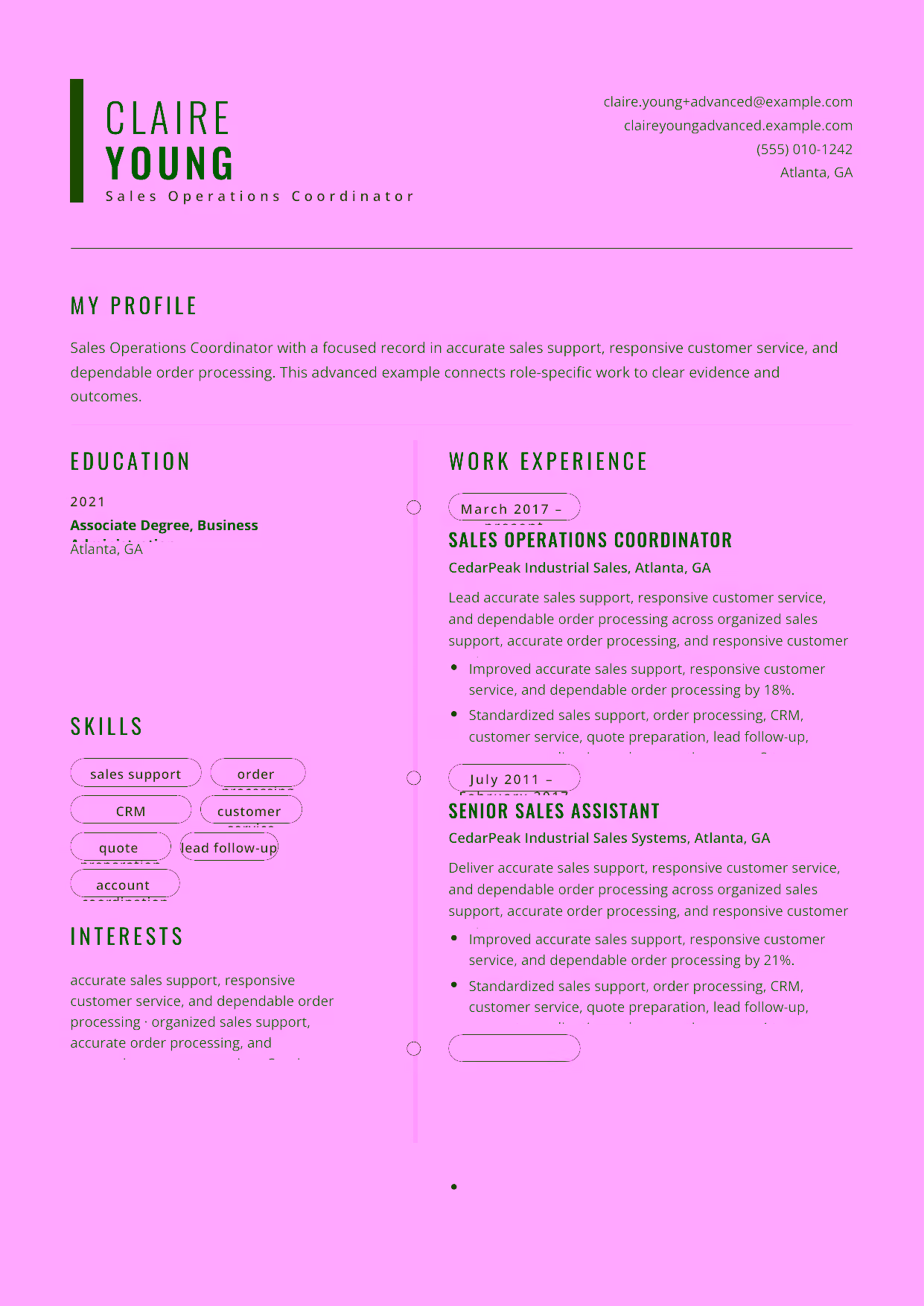 Advanced Sales Operations Coordinator resume example in the Caelum template focused on sales-operations workflow, reporting standards, and account-team leadership.