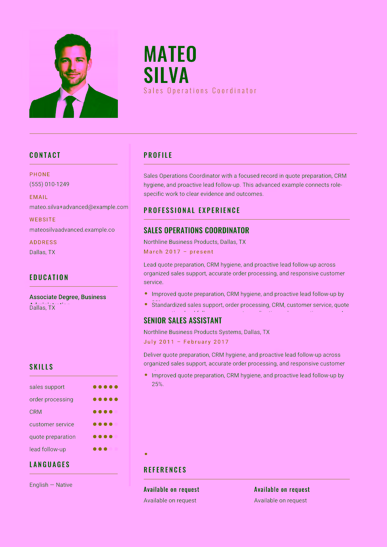 Advanced Sales Operations Coordinator resume example in the Acamar template focused on sales-operations workflow, reporting standards, and account-team leadership.