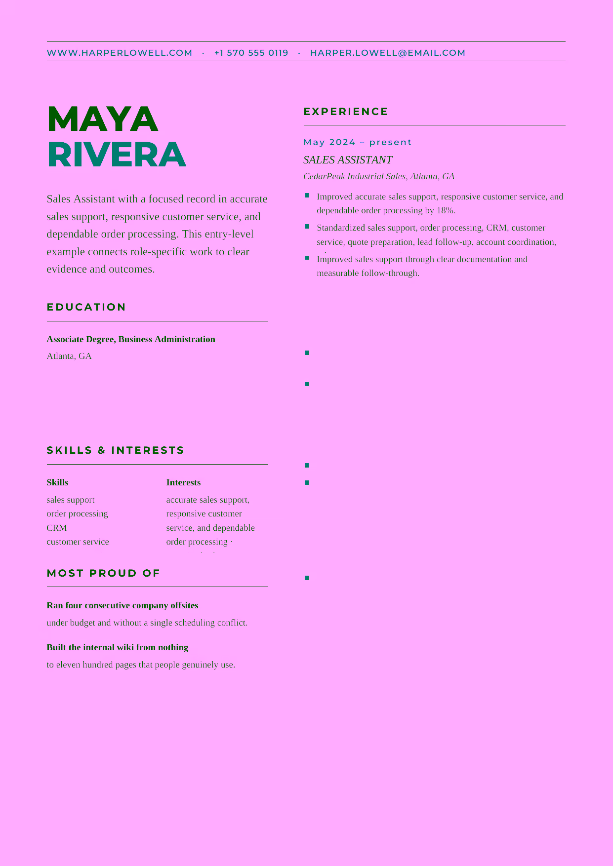 Entry-level Sales Assistant resume example in the Bootes template focused on accurate sales support, responsive customer service, and dependable order processing.