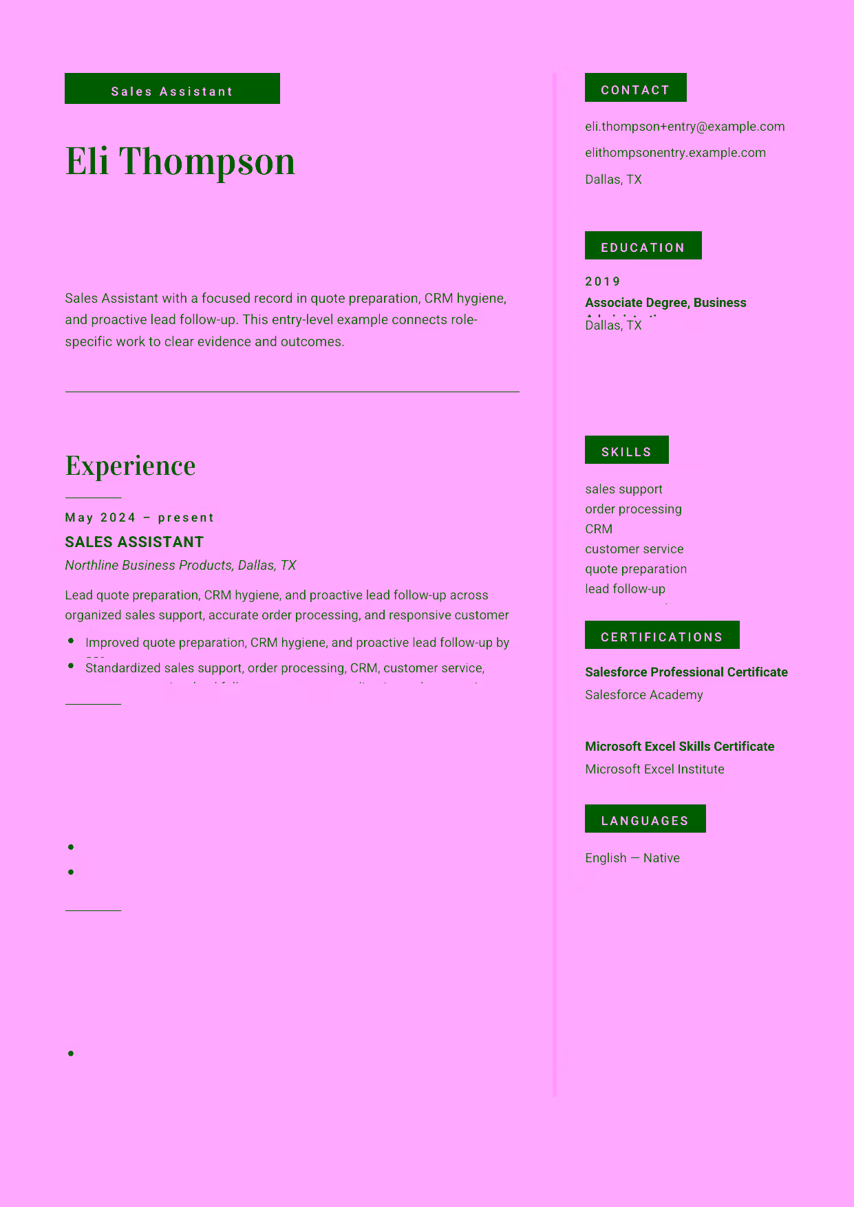 Entry-level Sales Assistant resume example in the Aquila template focused on accurate sales support, responsive customer service, and dependable order processing.
