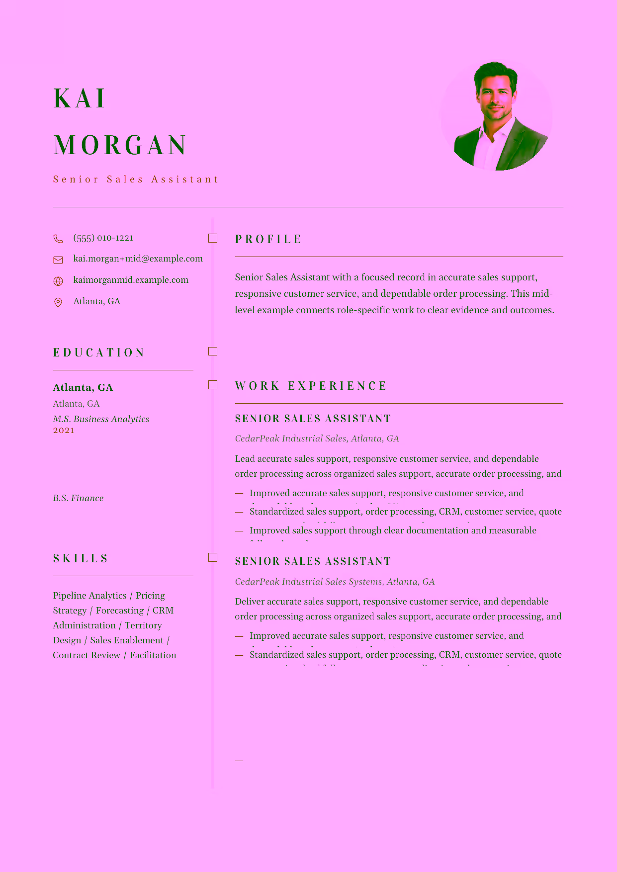 Mid-level Senior Sales Assistant resume example in the Draco template focused on quote preparation, CRM hygiene, and proactive lead follow-up.