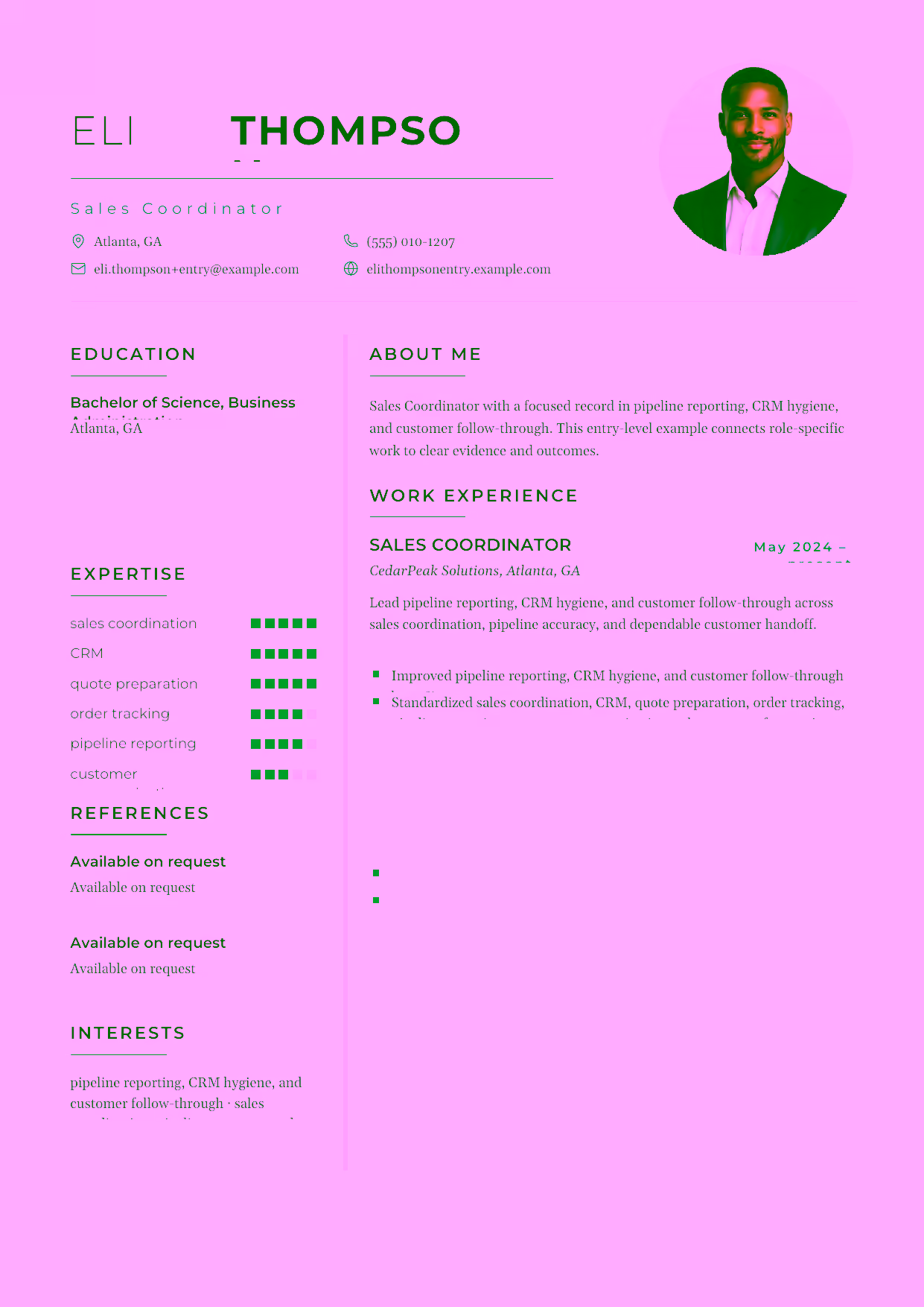 Entry-level Sales Coordinator resume example in the Achernar template focused on quote preparation, order tracking, and dependable sales support.