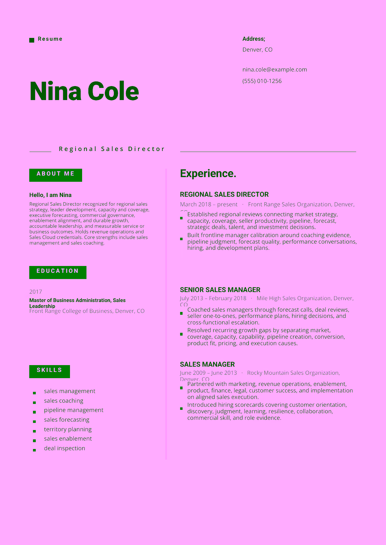 Advanced Regional Sales Director resume example in the Indus template focused on regional sales strategy, leader development, capacity and coverage, executive forecasting, commercial governance, enablement alignment, and durable growth.