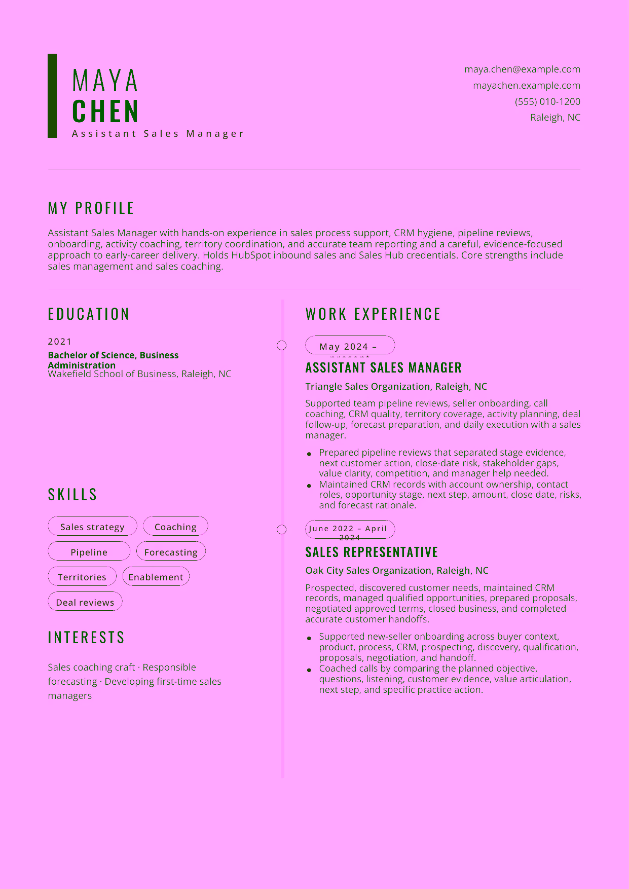 Entry-level Assistant Sales Manager resume example in the Caelum template focused on sales process support, CRM hygiene, pipeline reviews, onboarding, activity coaching, territory coordination, and accurate team reporting.