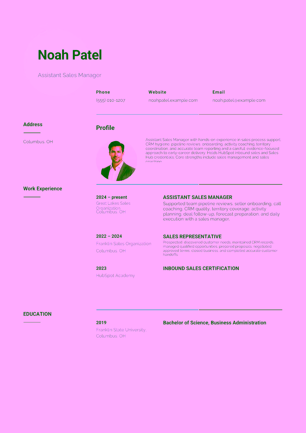 Entry-level Assistant Sales Manager resume example in the Pavo template focused on sales process support, CRM hygiene, pipeline reviews, onboarding, activity coaching, territory coordination, and accurate team reporting.